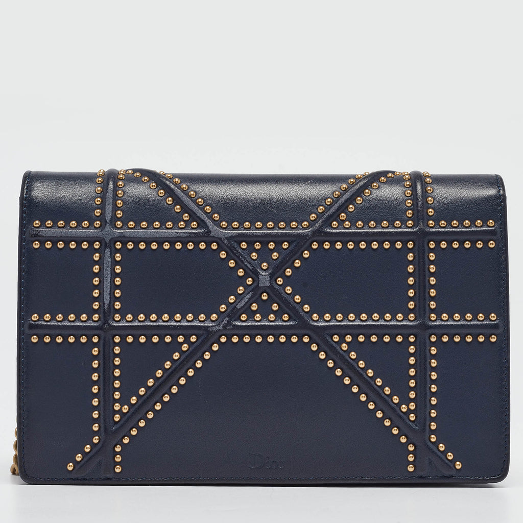 Dior Navy Blue Leather Studded Diorama Wallet On Chain