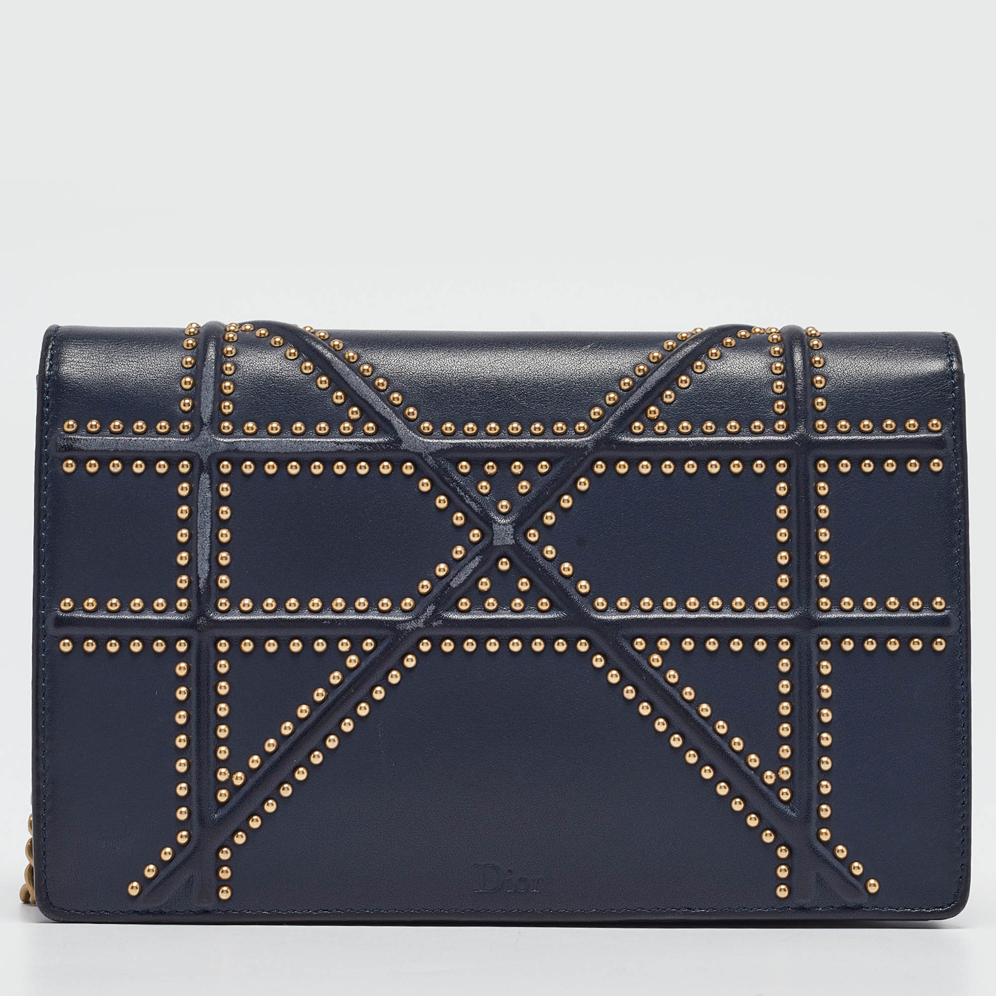 Dior Navy Blue Leather Studded Diorama Wallet On Chain