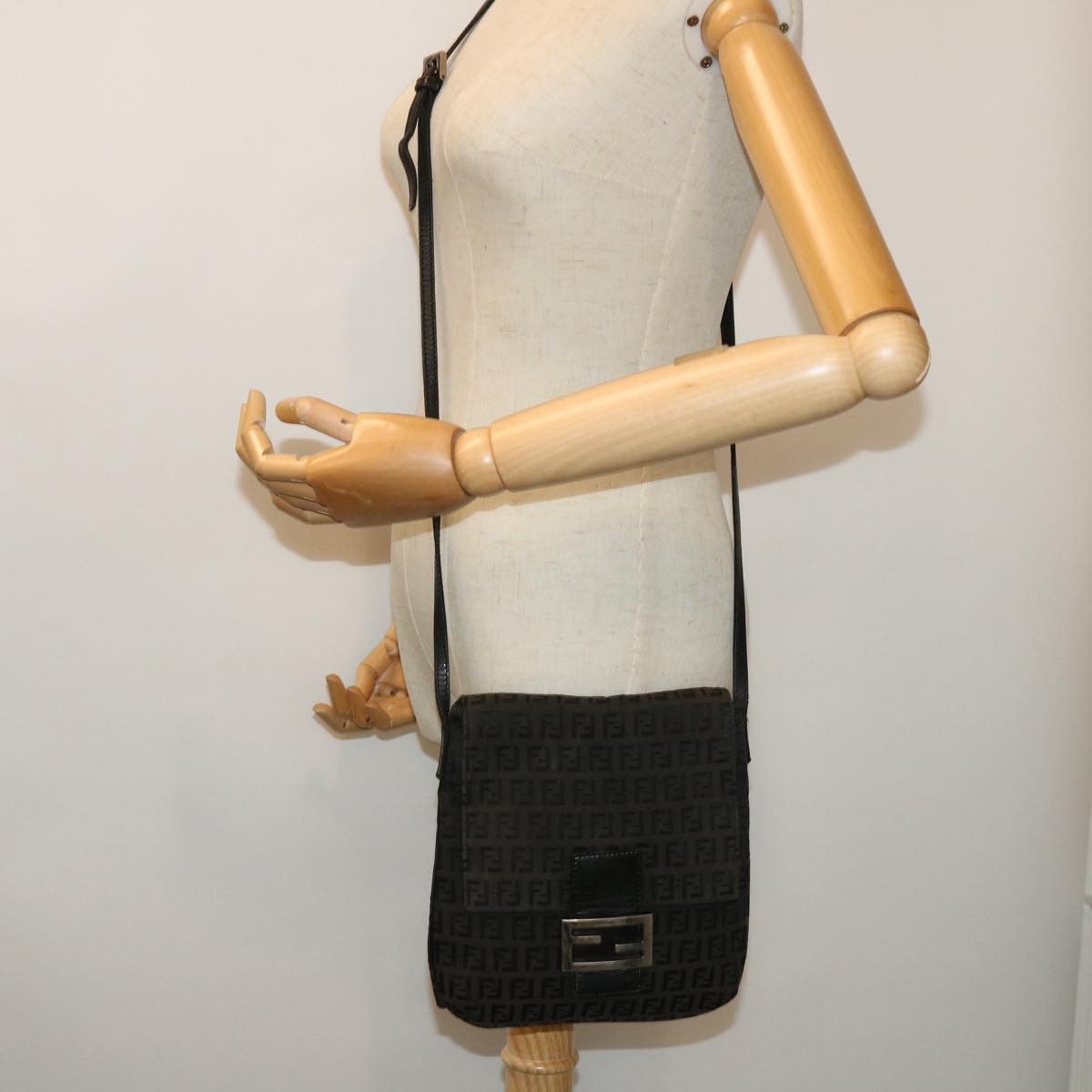 FENDI Zucchino Canvas Mamma Baguette Shoulder Bag Black 51040