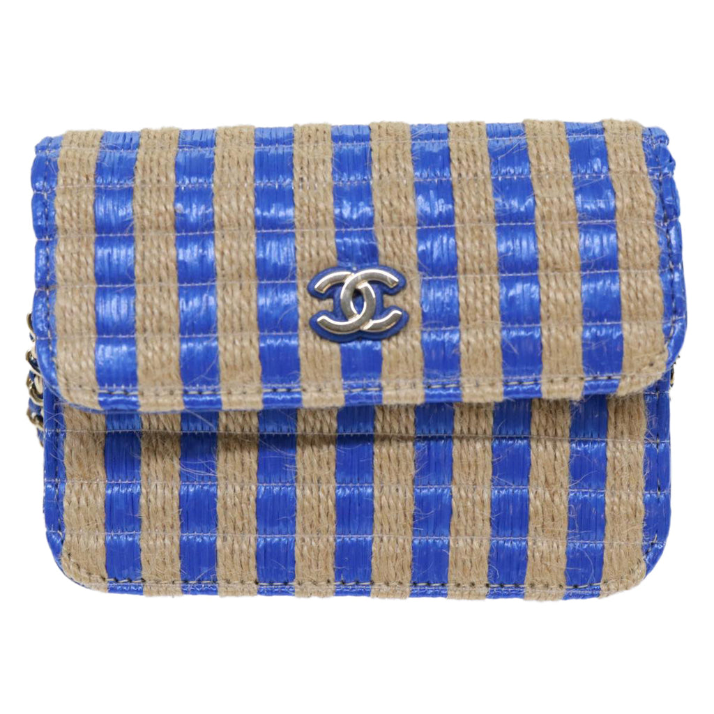 CHANEL Chain Shoulder Bag Raffia Blue Beige CC 51139A