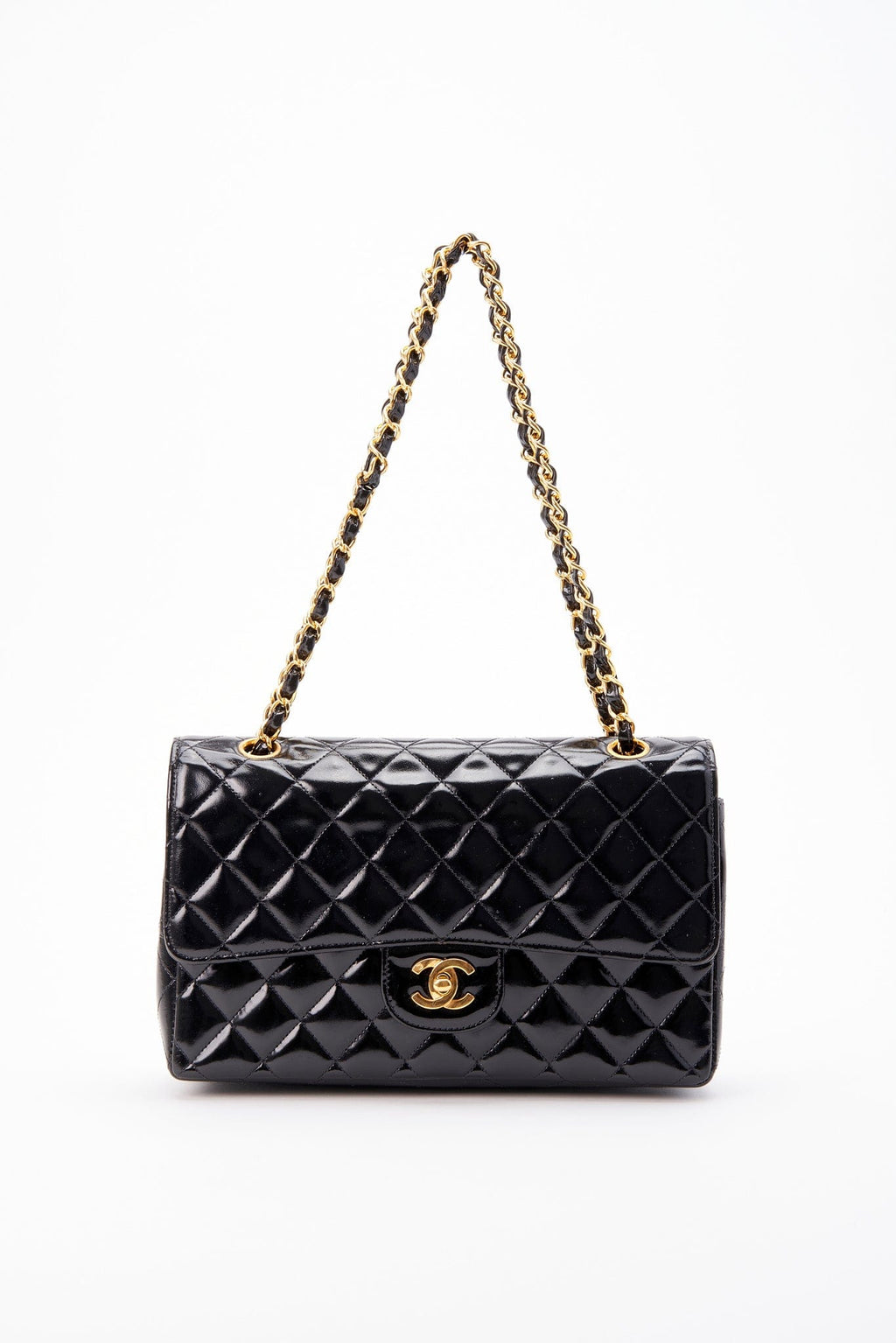 Vintage Chanel Classic Double Flap Bag Medium Black Patent Leather With 24K Gold Plated Hardware