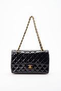 Vintage Chanel Classic Double Flap Bag Medium Black Patent Leather With 24K Gold Plated Hardware