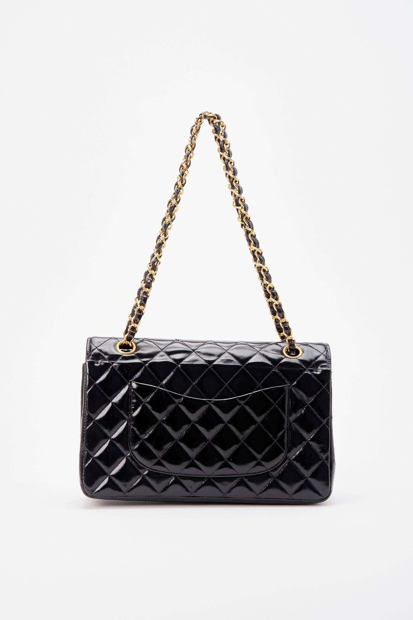 Vintage Chanel Classic Double Flap Bag Medium Black Patent Leather With 24K Gold Plated Hardware