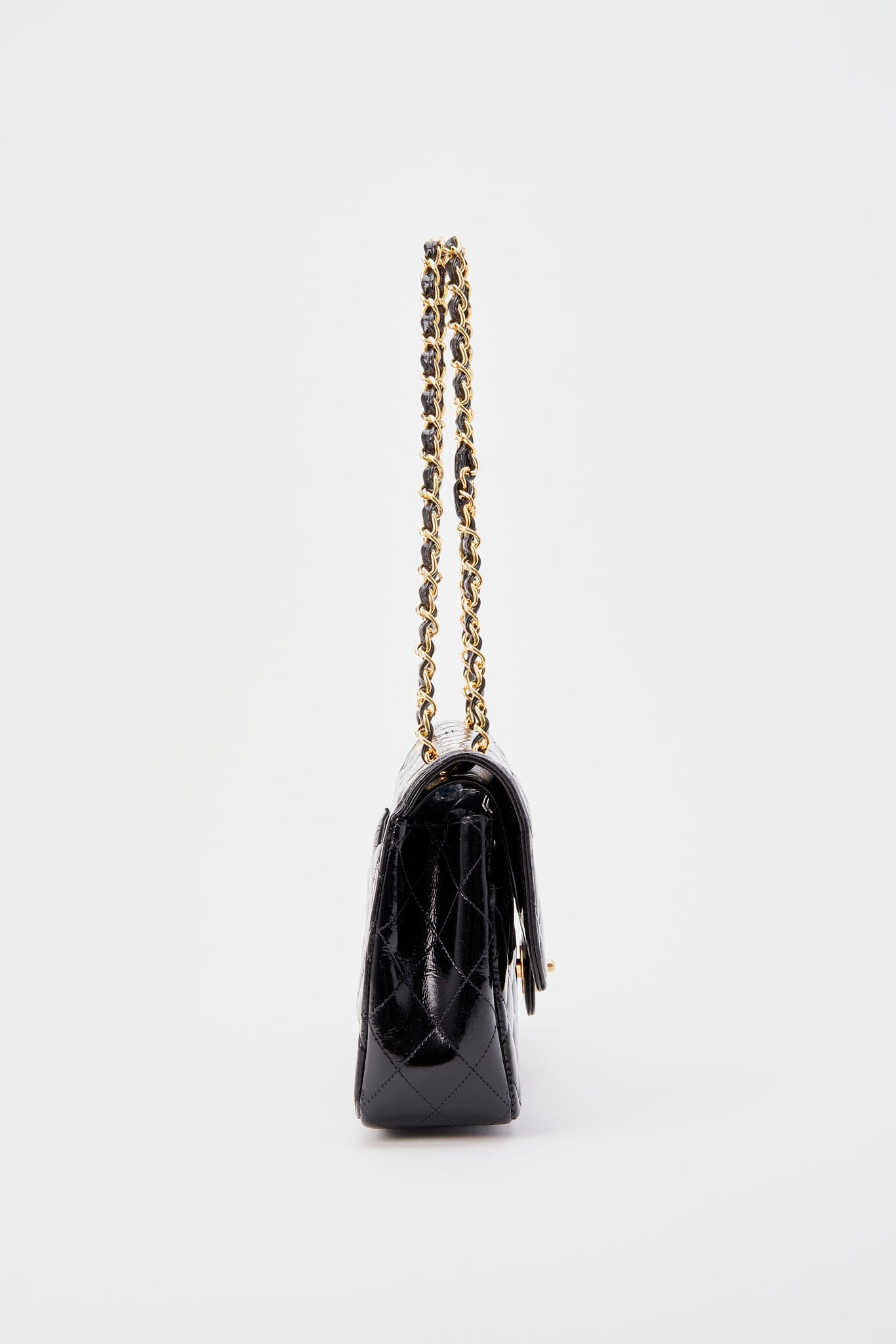 Vintage Chanel Classic Double Flap Bag Medium Black Patent Leather With 24K Gold Plated Hardware