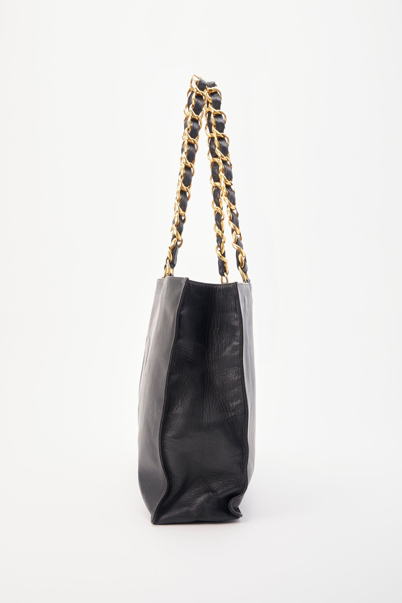 Vintage Chanel Black Leather Tote Bag with Chunky Gold Hardware