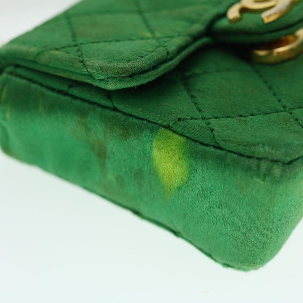 CHANEL Mini Matelasse Chain Pouch Shoulder Bag Satin Green Gold CC 51271A