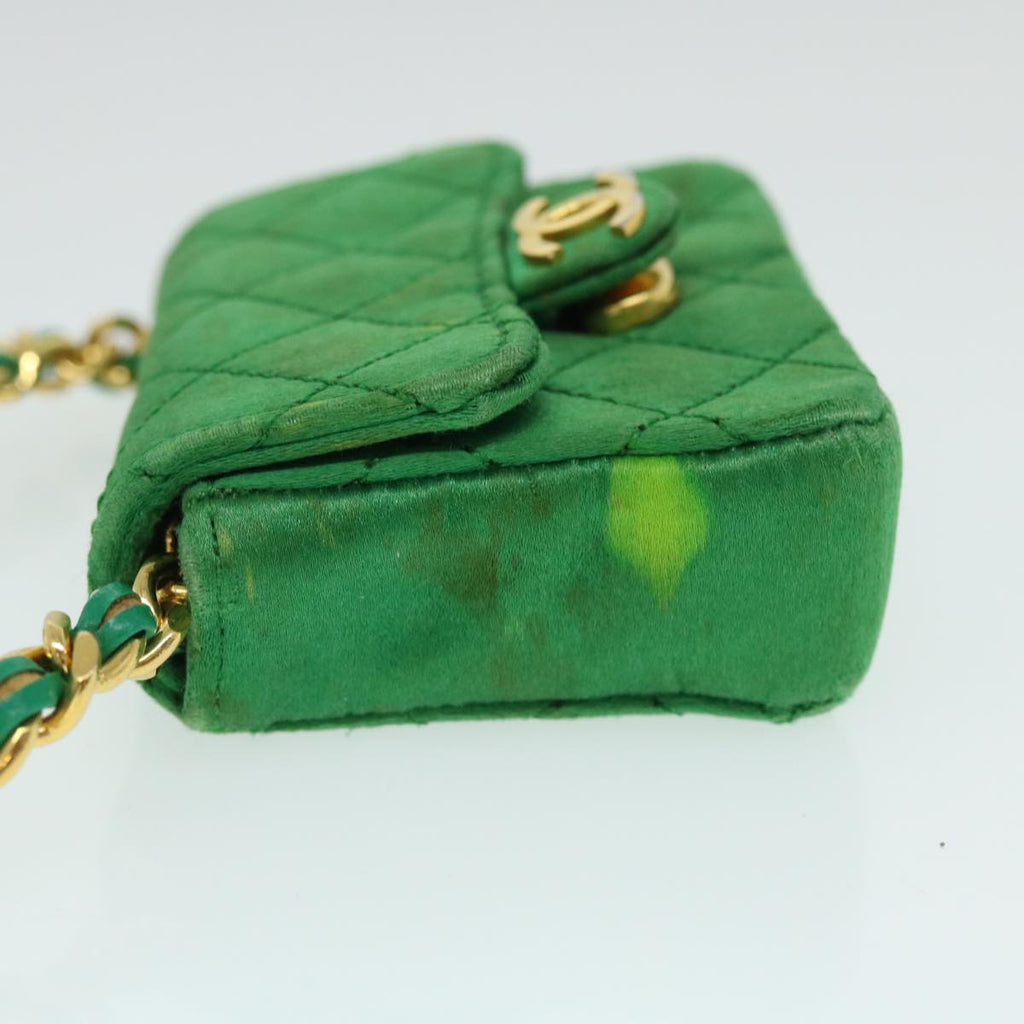 CHANEL Mini Matelasse Chain Pouch Shoulder Bag Satin Green Gold CC 51271A