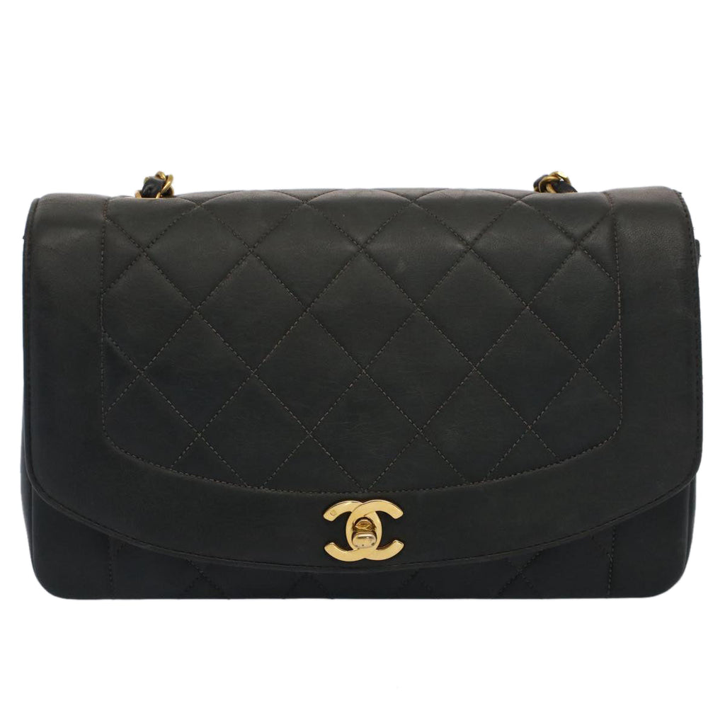 CHANEL Diana Matelasse Turn Lock Shoulder Bag Lamb Skin Black CC 51272A