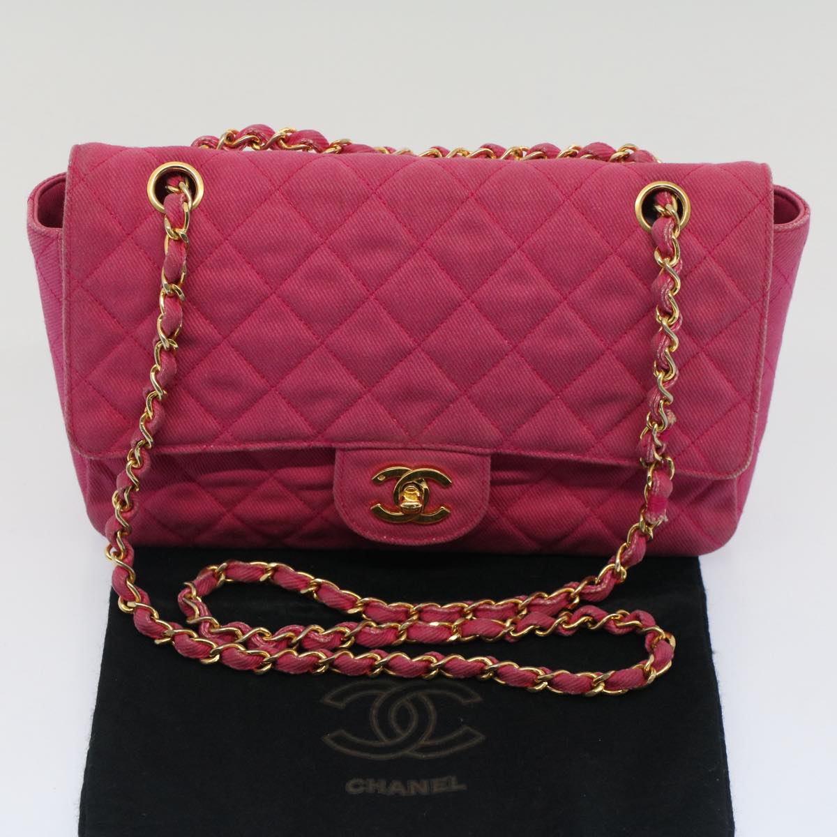 CHANEL Matelasse 25 Chain Flap Shoulder Bag Canvas Pink CC 51276A