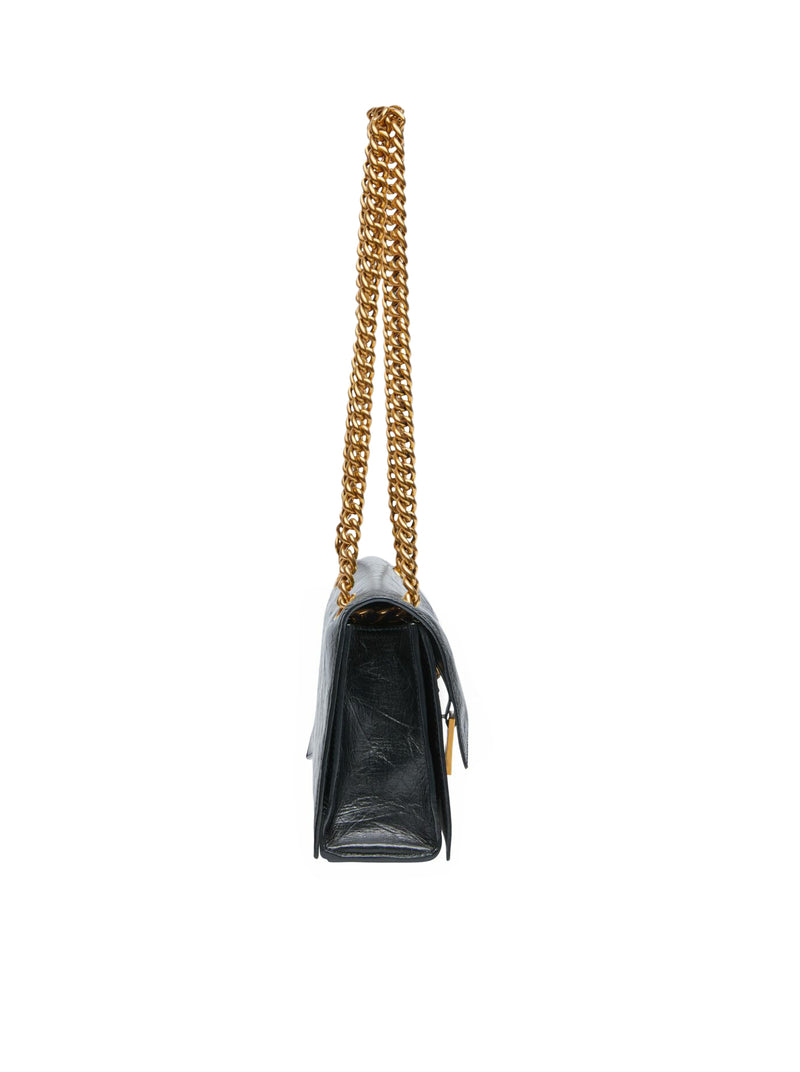 Balenciaga Women Borsa Crush Piccola With Catena In Pelle Di Vitello Crush Black With Antique Gold Finish