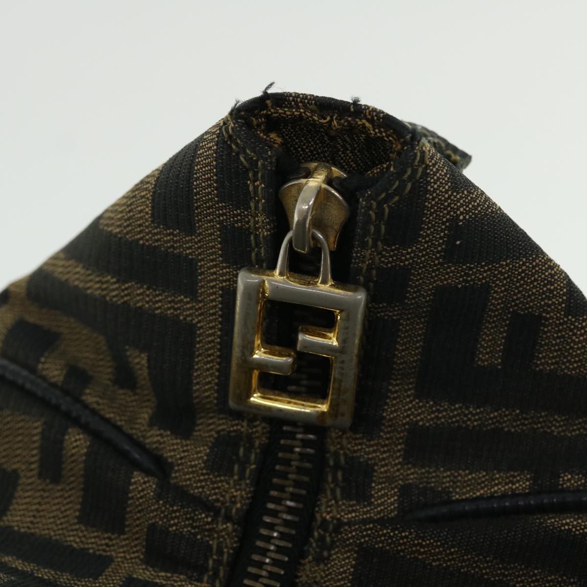 FENDI Zucca Canvas Vanity Hand Bag Nylon Leather Brown Black 51654
