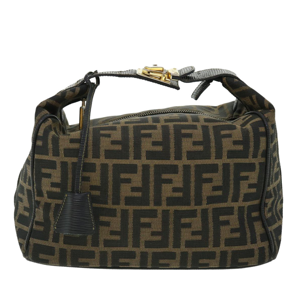 FENDI Zucca Canvas Vanity Hand Bag Nylon Leather Brown Black 51654