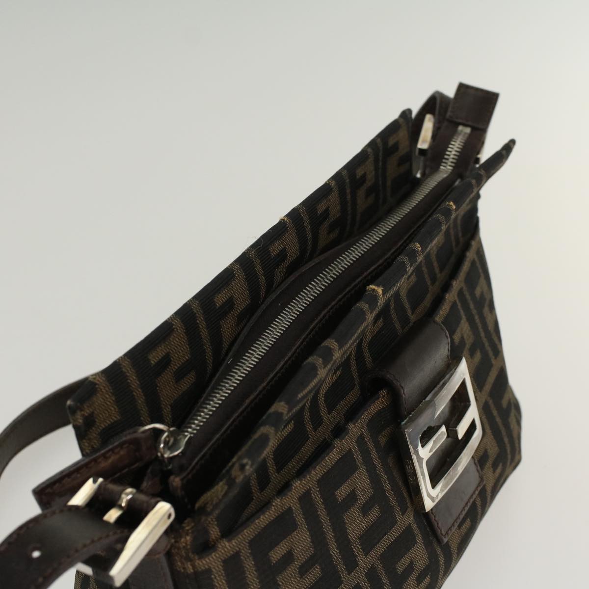 FENDI Zucca Canvas Mamma Baguette Shoulder Bag Black Brown 52008