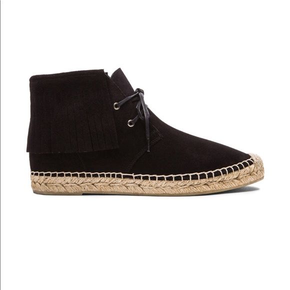 Saint Laurent Suede Fringe Trim Accent LaceUp Boots Black Boots