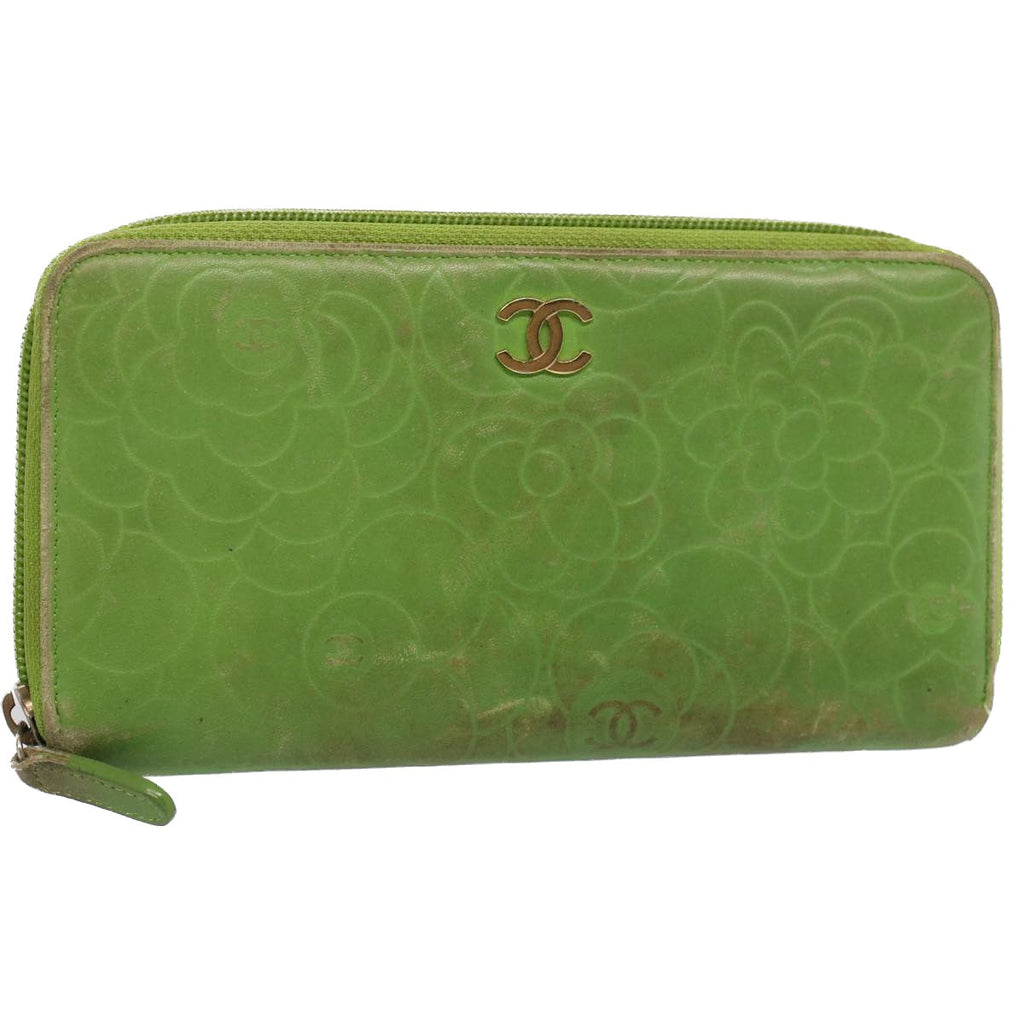 CHANEL Camelia Long Wallet Leather Green CC 52452