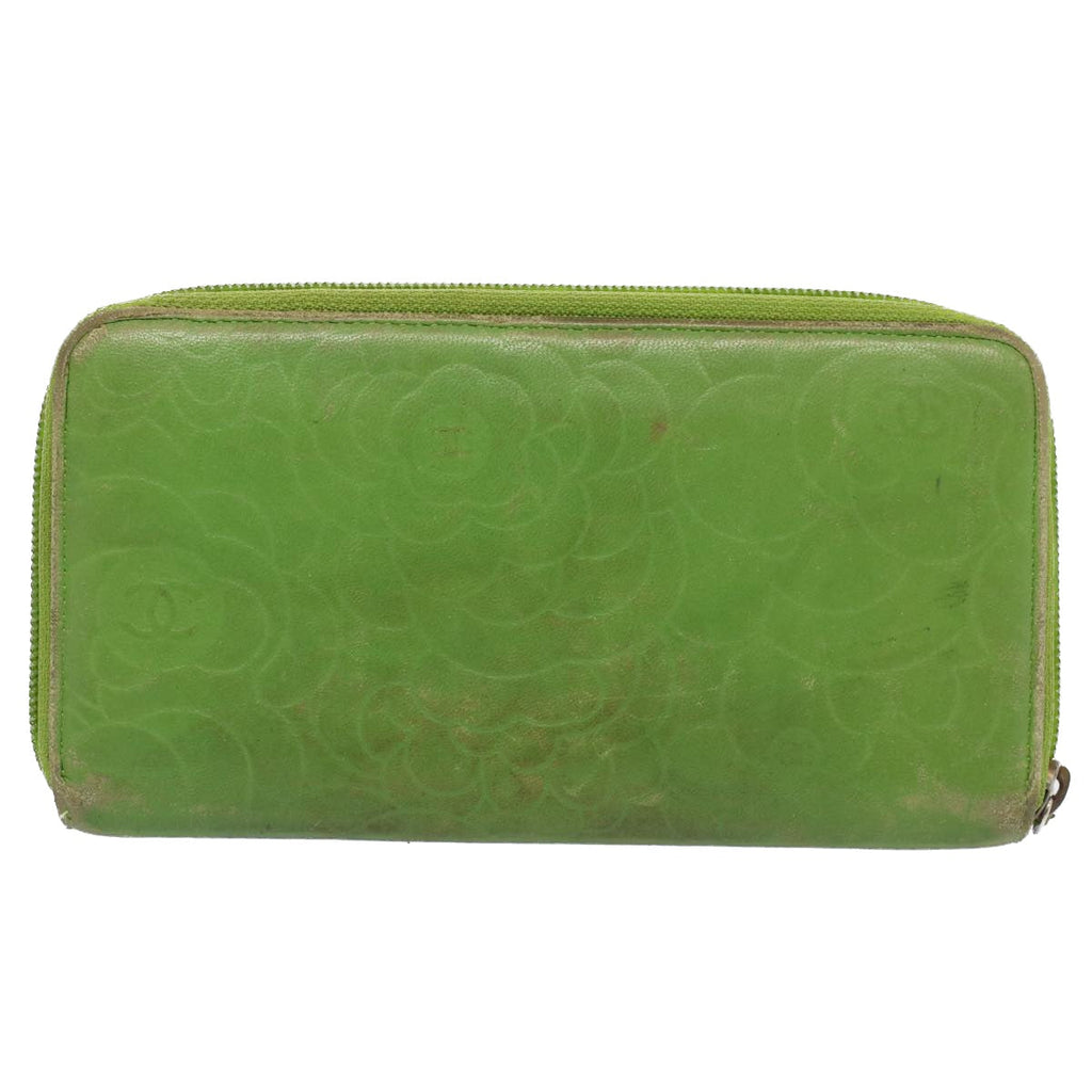 CHANEL Camelia Long Wallet Leather Green CC 52452