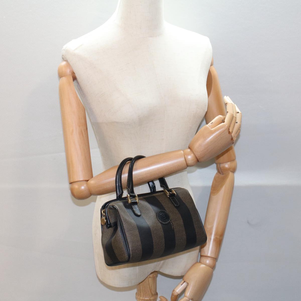 FENDI Pecan Canvas Mini Boston Bag Black Brown 52490