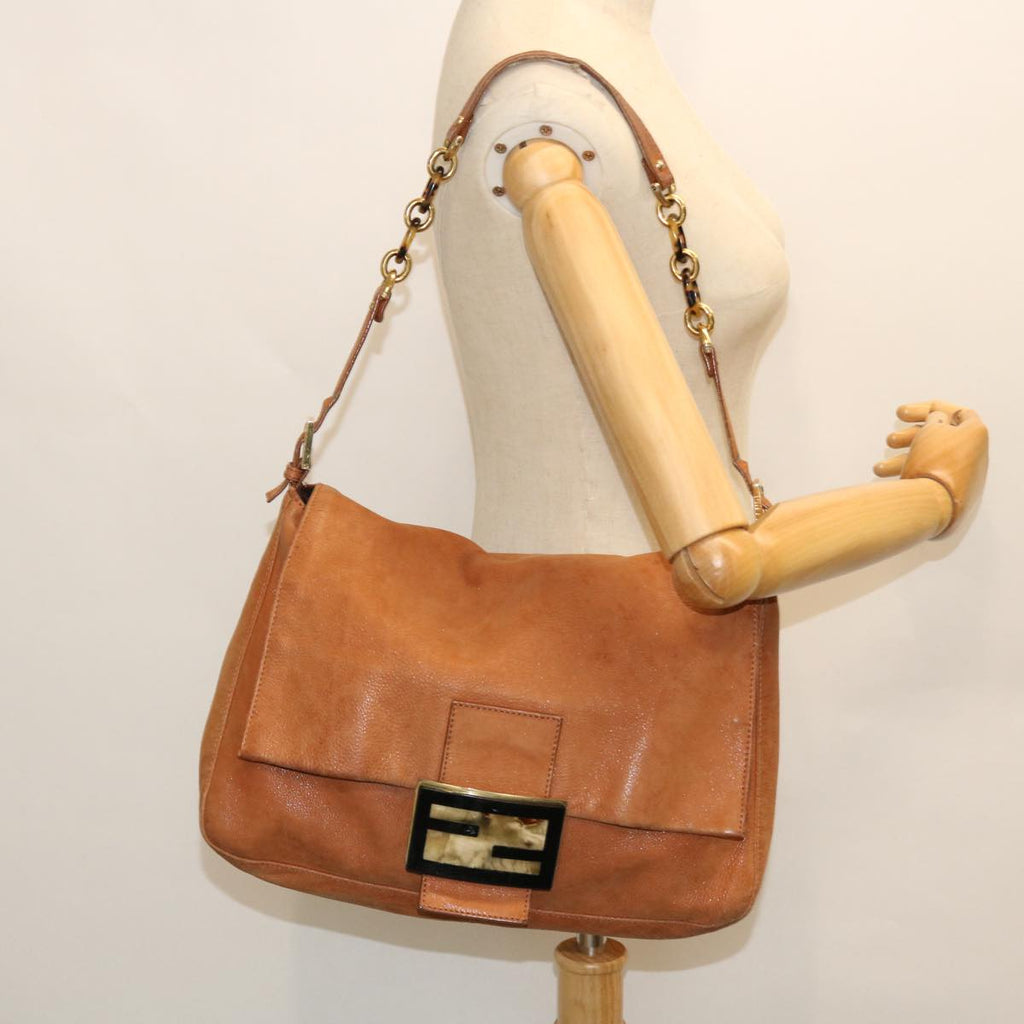 FENDI Mamma Baguette Shoulder Bag Leather Beige 52497