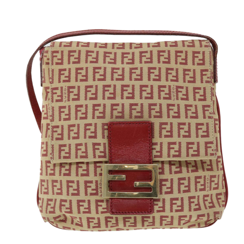FENDI Zucchino Canvas Mamma Baguette Shoulder Bag Beige Red 52738