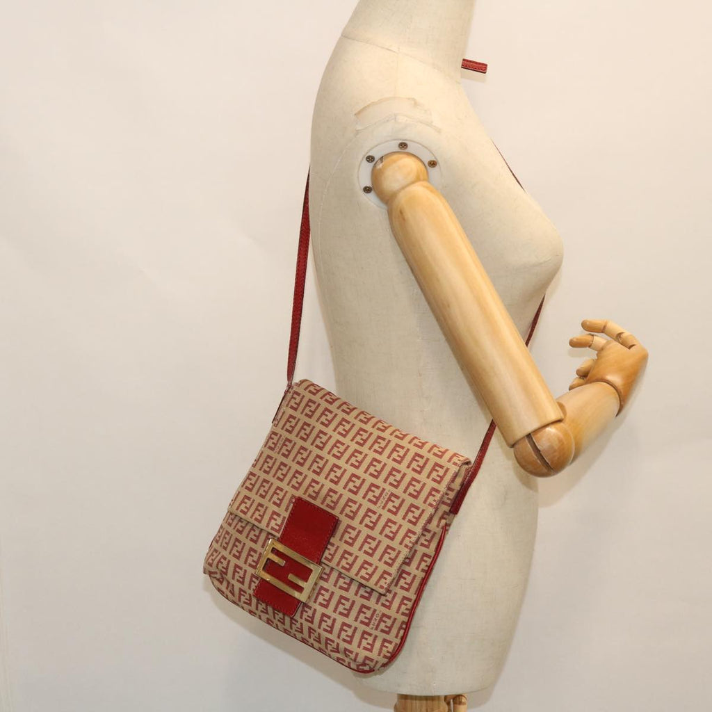 FENDI Zucchino Canvas Mamma Baguette Shoulder Bag Beige Red 52738