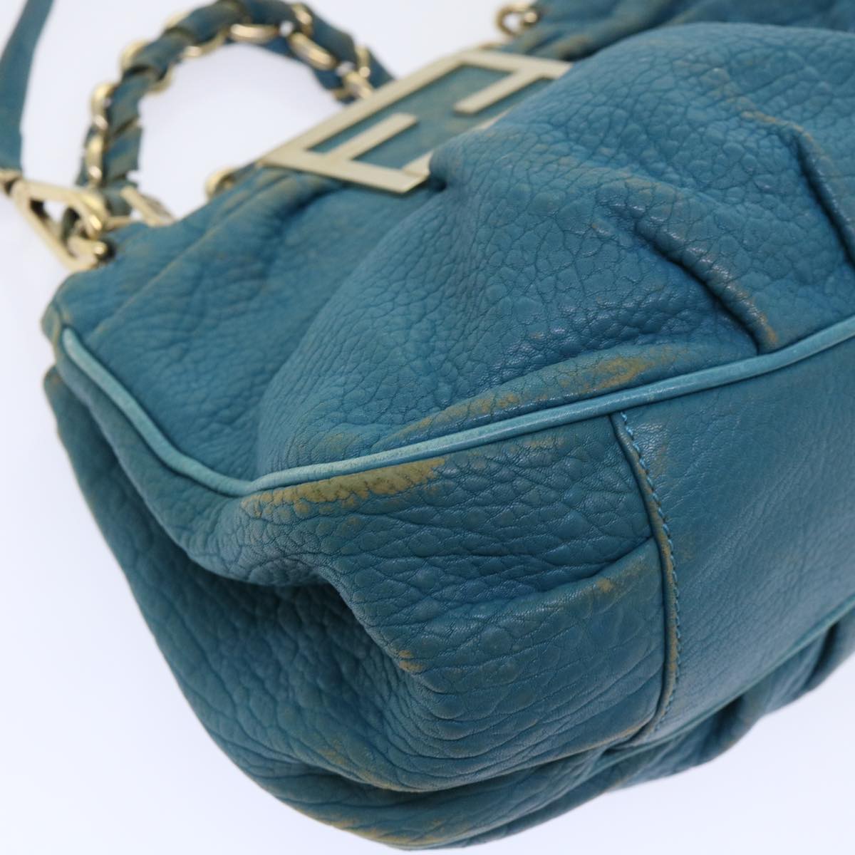 FENDI Chain Shoulder Bag Leather 2way Turquoise Blue 52739
