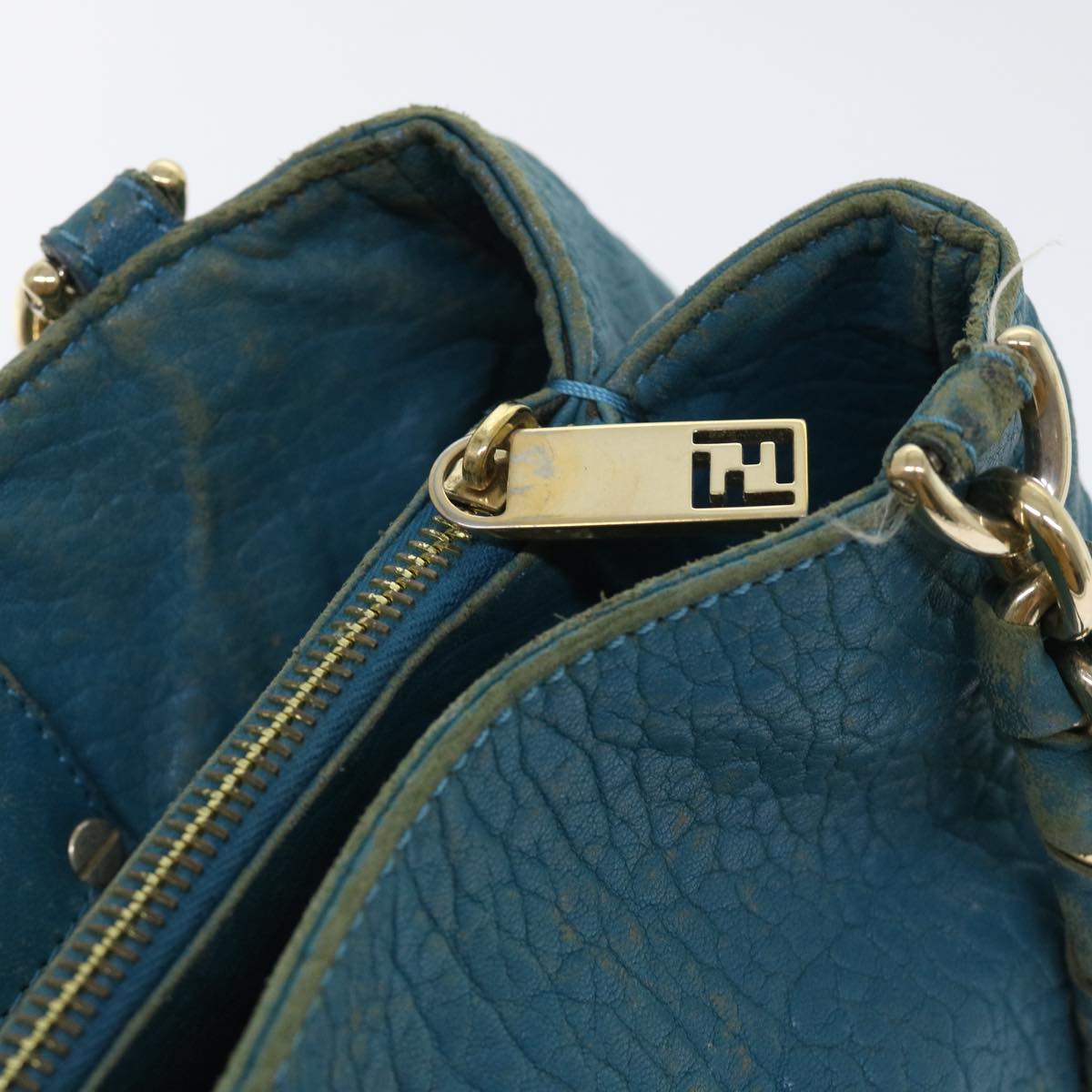 FENDI Chain Shoulder Bag Leather 2way Turquoise Blue 52739