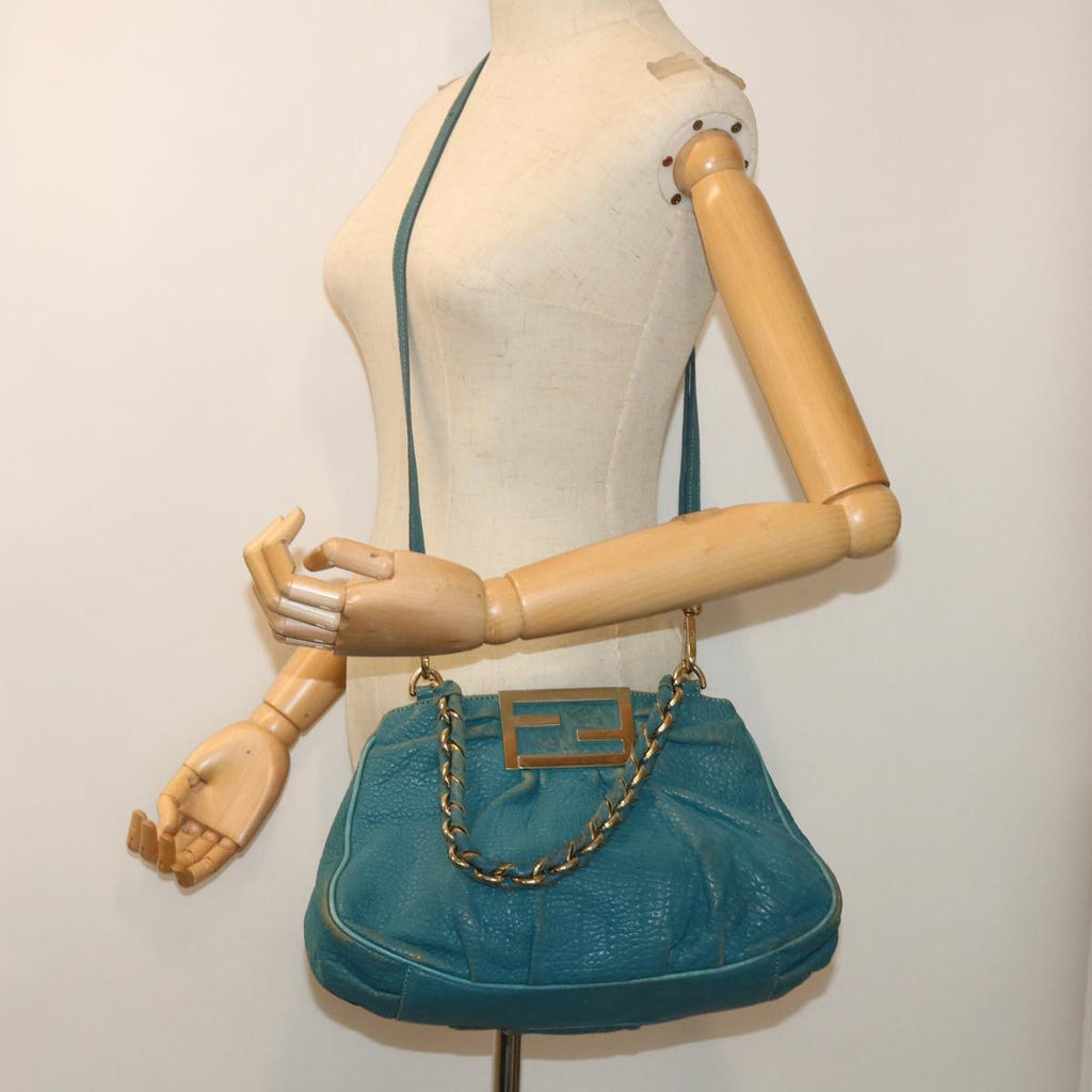 FENDI Chain Shoulder Bag Leather 2way Turquoise Blue 52739
