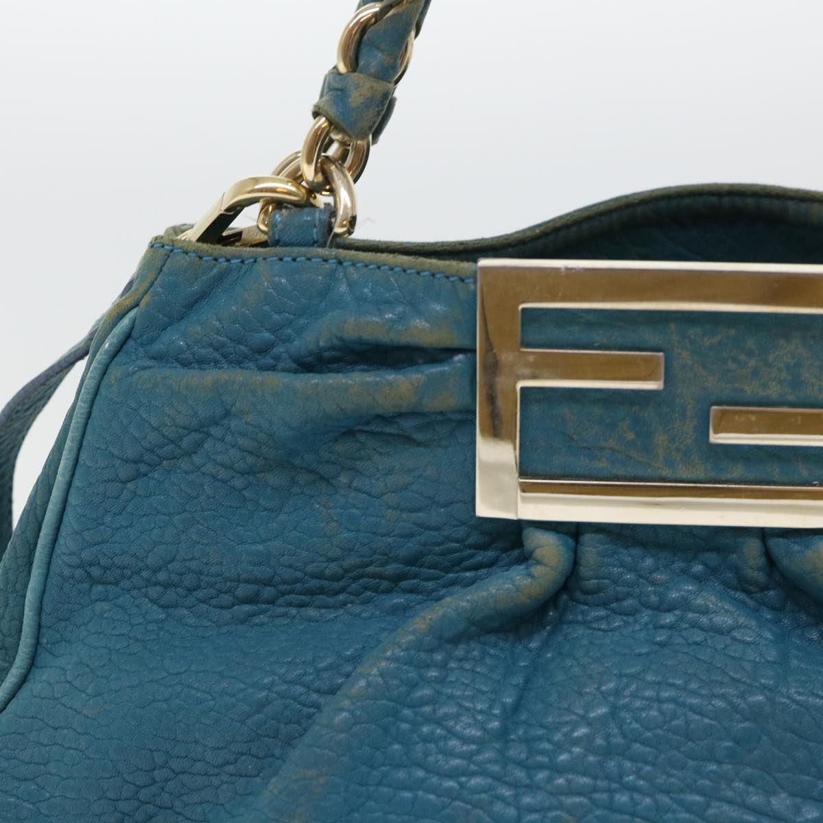 FENDI Chain Shoulder Bag Leather 2way Turquoise Blue 52739