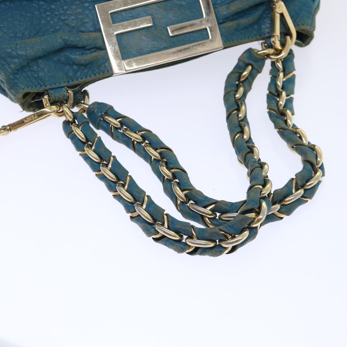 FENDI Chain Shoulder Bag Leather 2way Turquoise Blue 52739