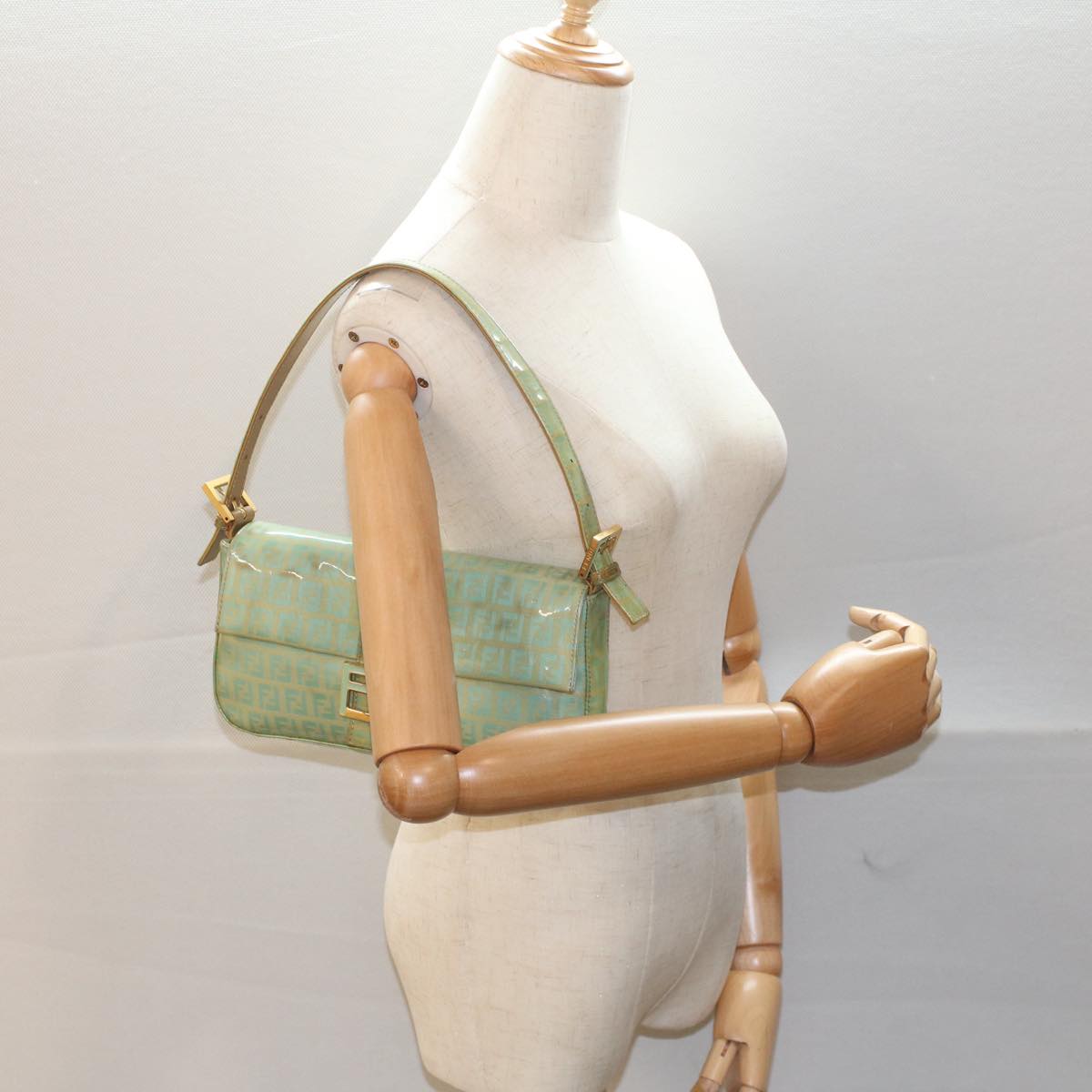 FENDI Mamma Baguette Shoulder Bag Coated Canvas Light Blue 52741
