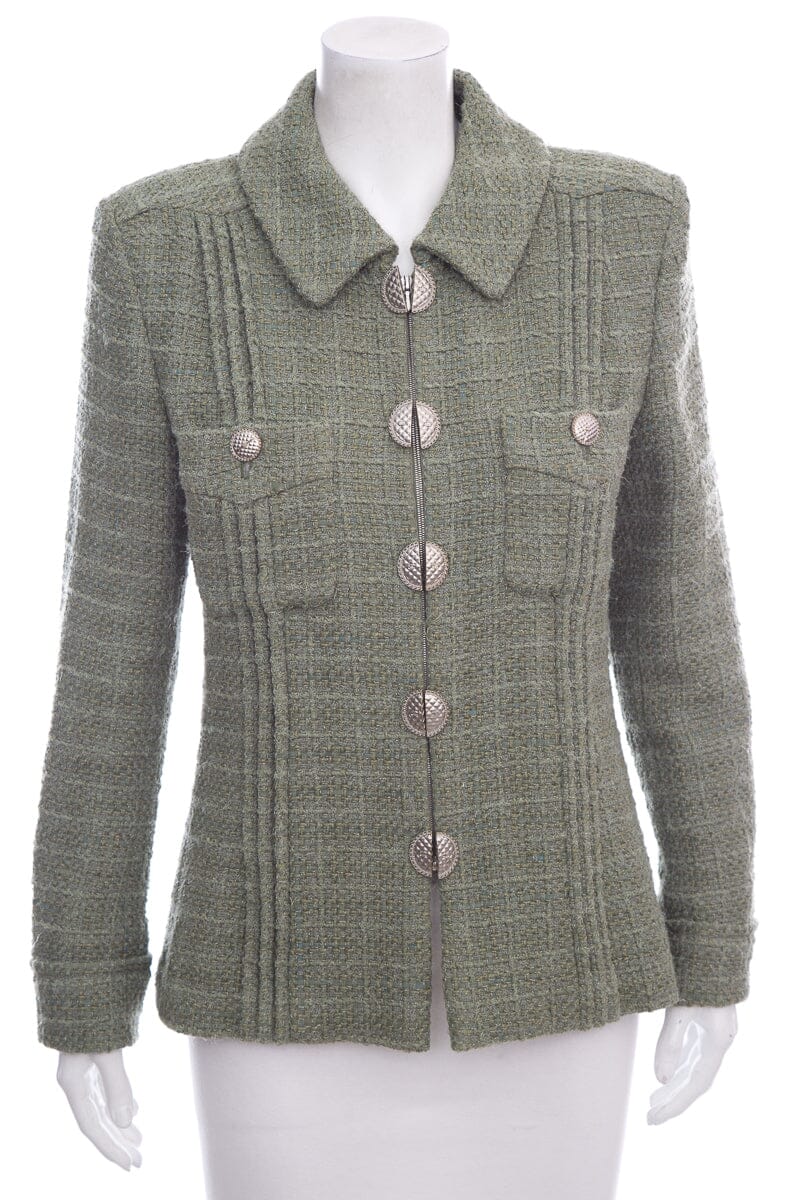 Chanel Green Tweed Zip Up Jacket SZ 42 NWT
