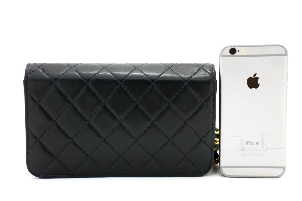 CHANEL Full Flap Chain Shoulder Bag Clutch Black Quilted Lambskin h09
