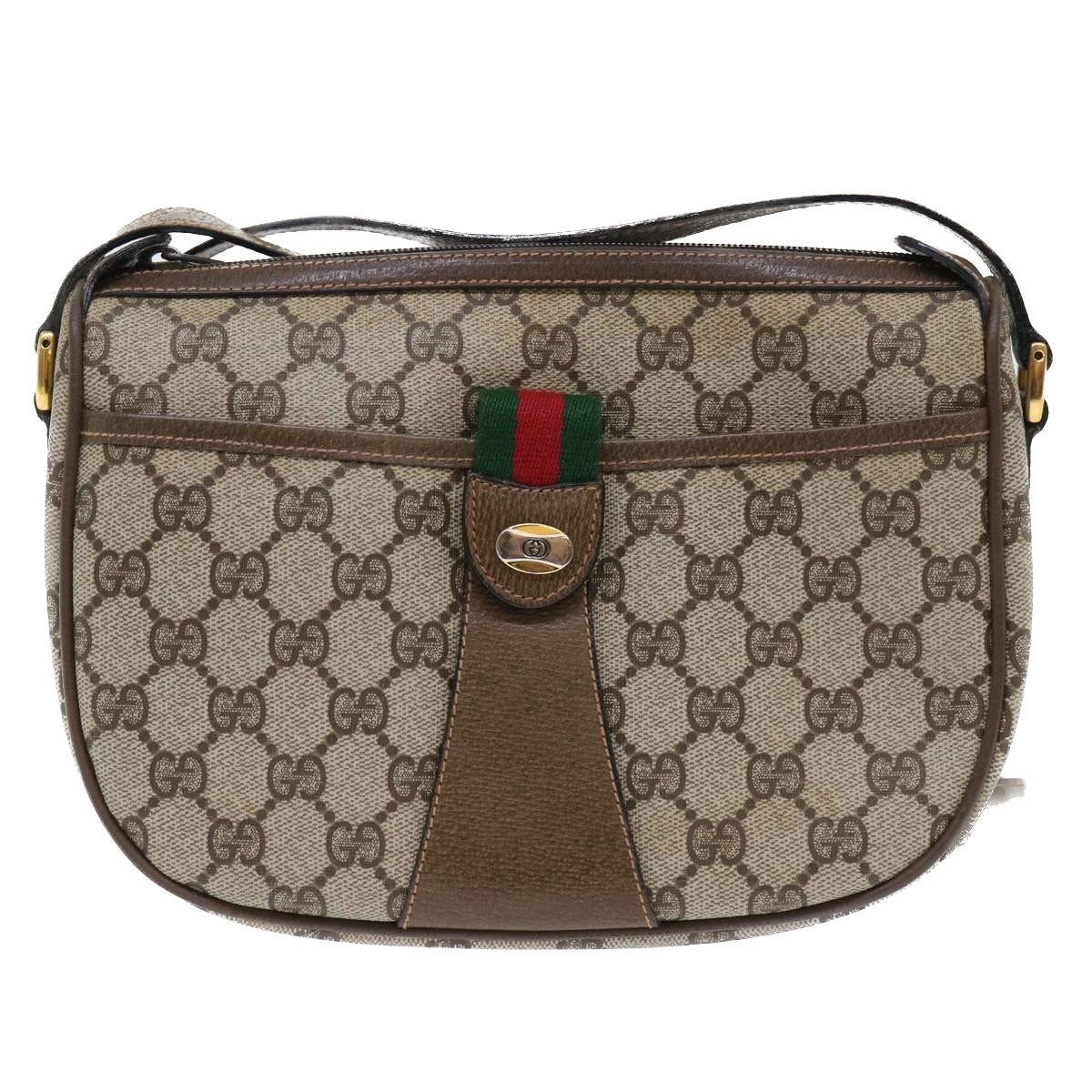 GUCCI GG Canvas Web Sherry Line Shoulder Bag PVC Leather Beige Green 53255