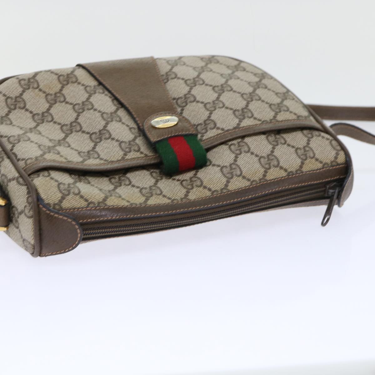GUCCI GG Canvas Web Sherry Line Shoulder Bag PVC Leather Beige Green 53255