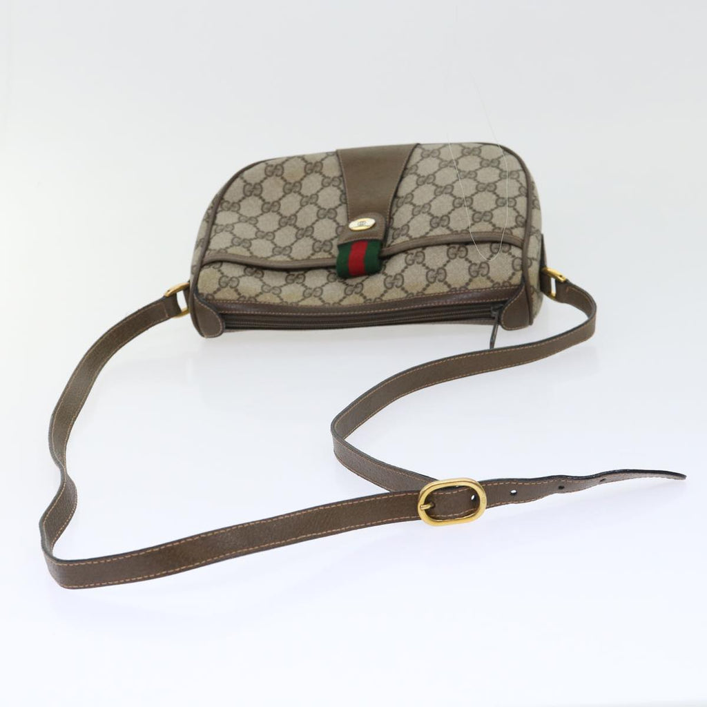 GUCCI GG Canvas Web Sherry Line Shoulder Bag PVC Leather Beige Green 53255