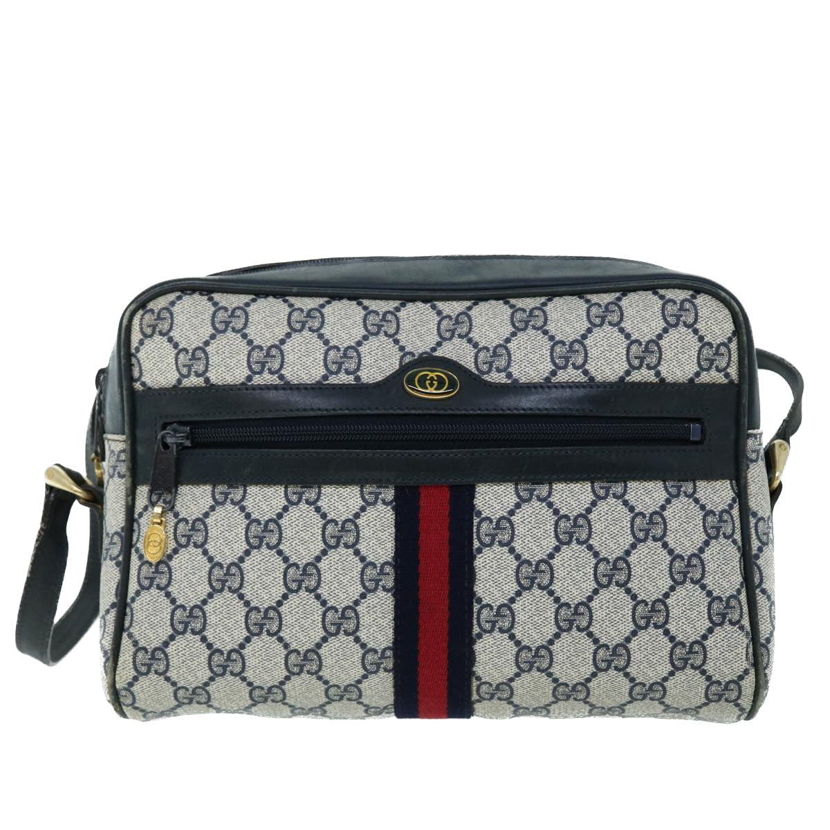 GUCCI GG Canvas Sherry Line Shoulder Bag Gray Red Navy 010 378 53344