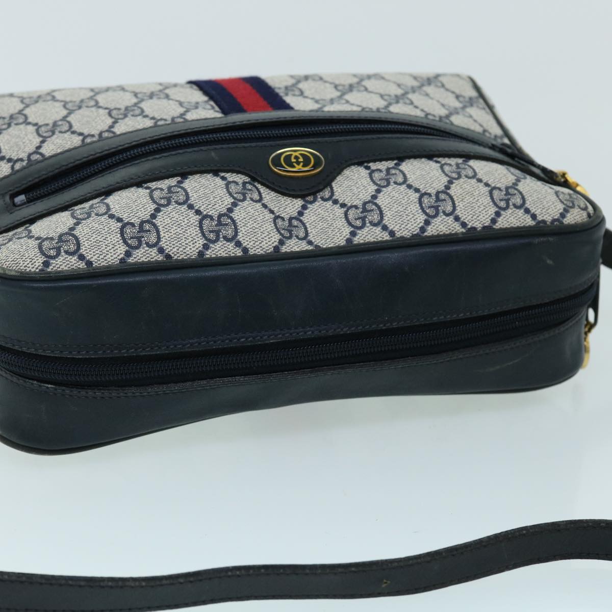 GUCCI GG Canvas Sherry Line Shoulder Bag Gray Red Navy 010 378 53344