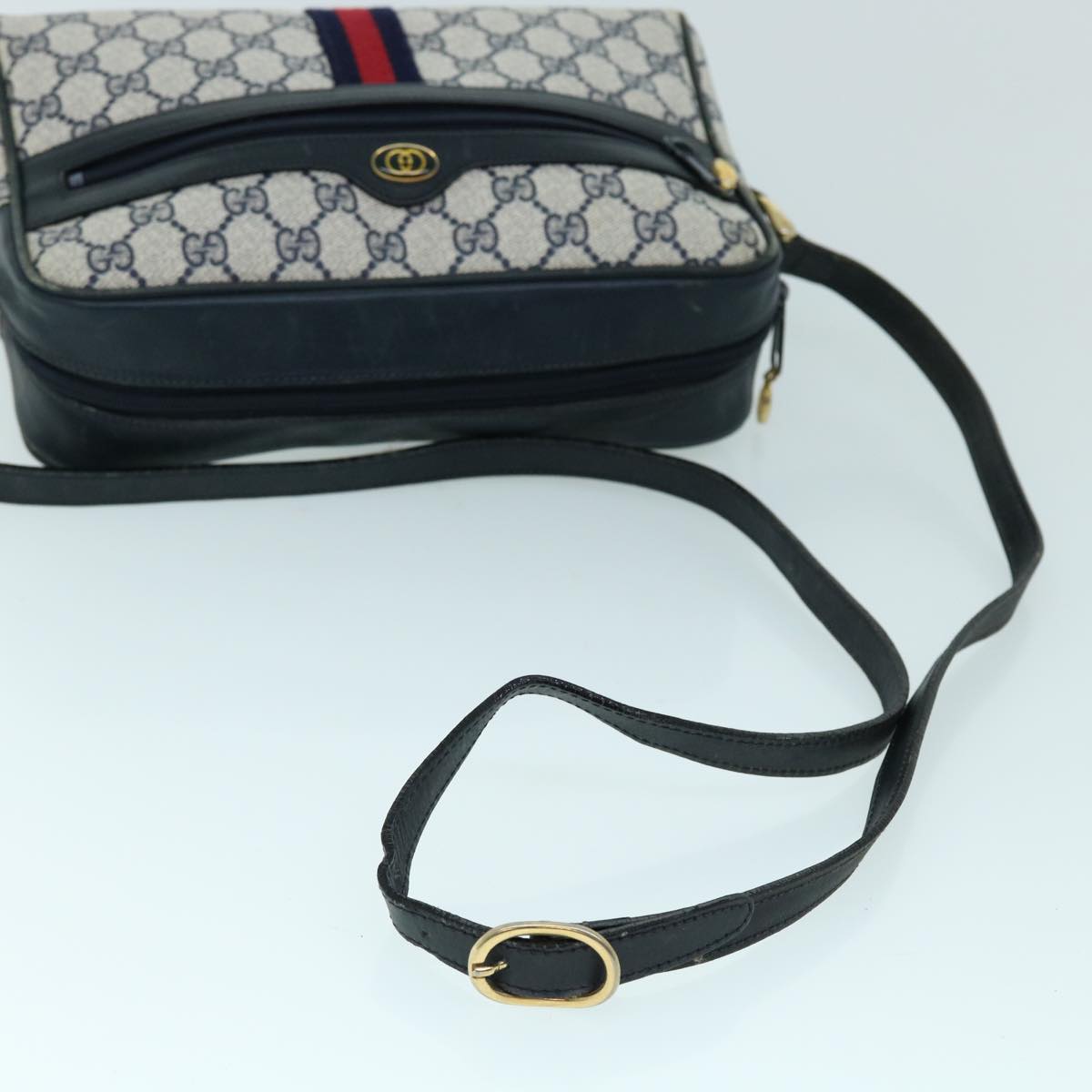 GUCCI GG Canvas Sherry Line Shoulder Bag Gray Red Navy 010 378 53344