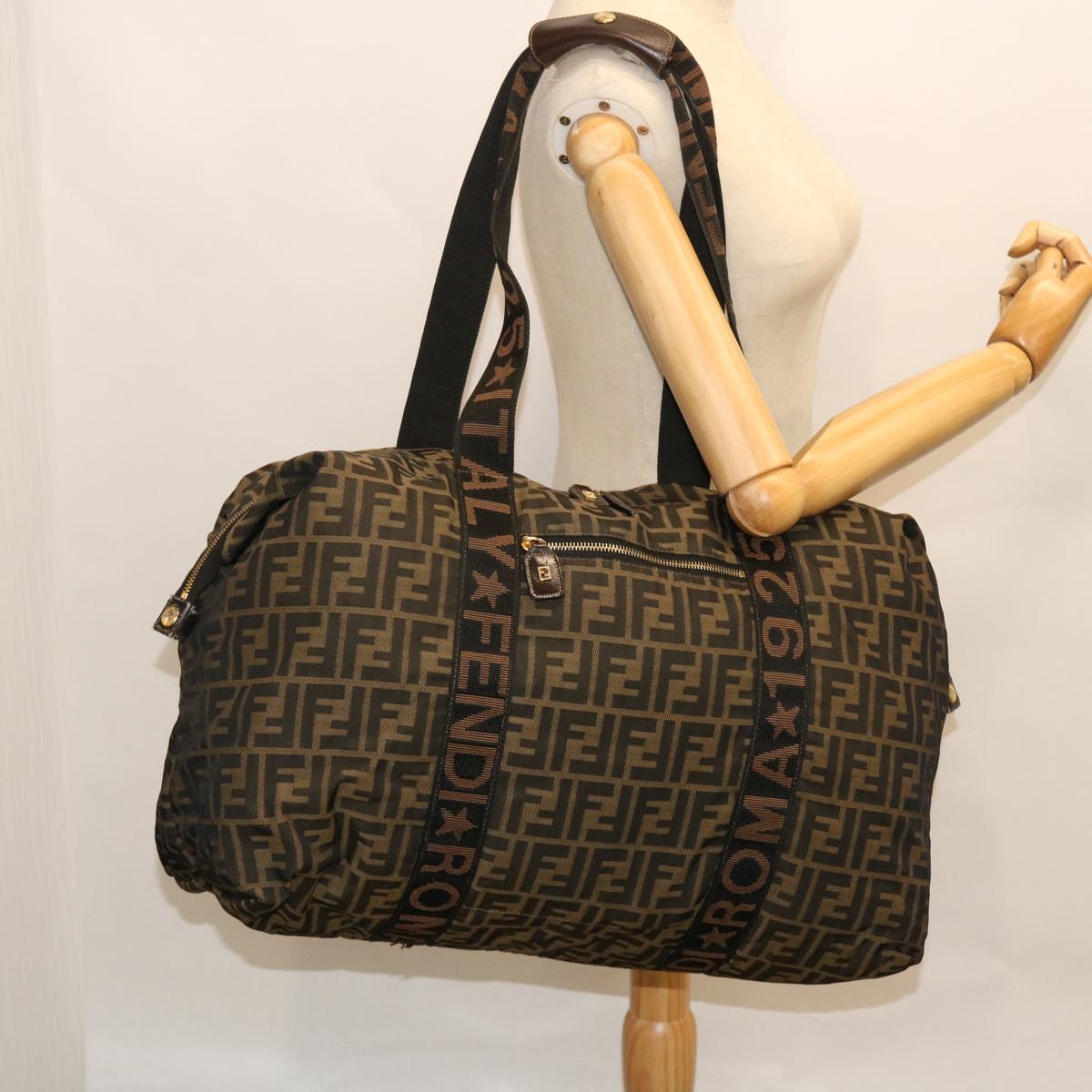 FENDI Zucca Canvas Boston Bag Black Brown 53373