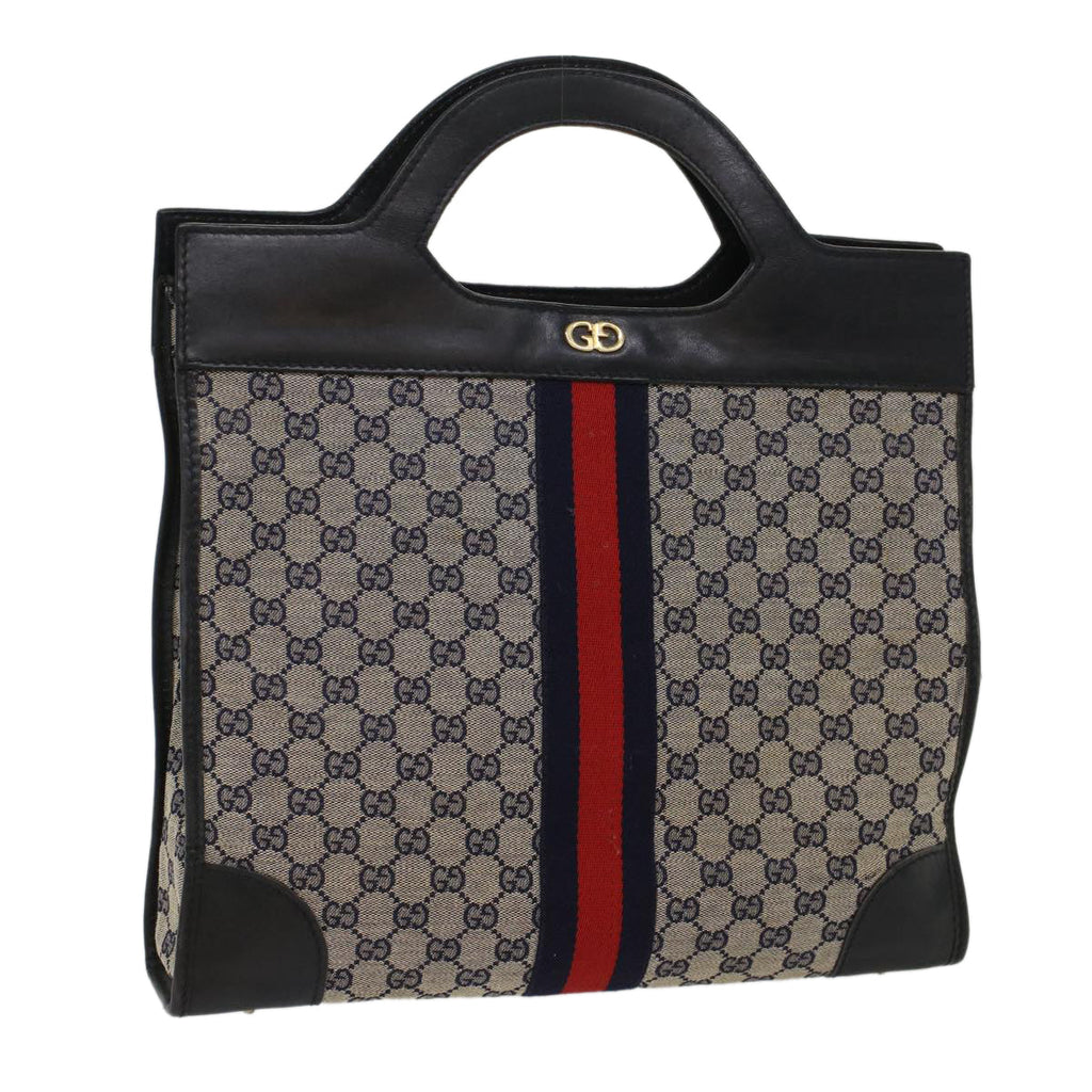 GUCCI GG Canvas Sherry Line Hand Bag PVC Leather Gray Red Navy 53386