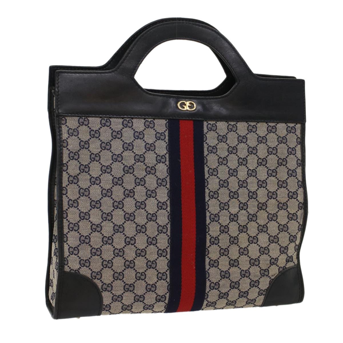 GUCCI GG Canvas Sherry Line Hand Bag PVC Leather Gray Red Navy 53386