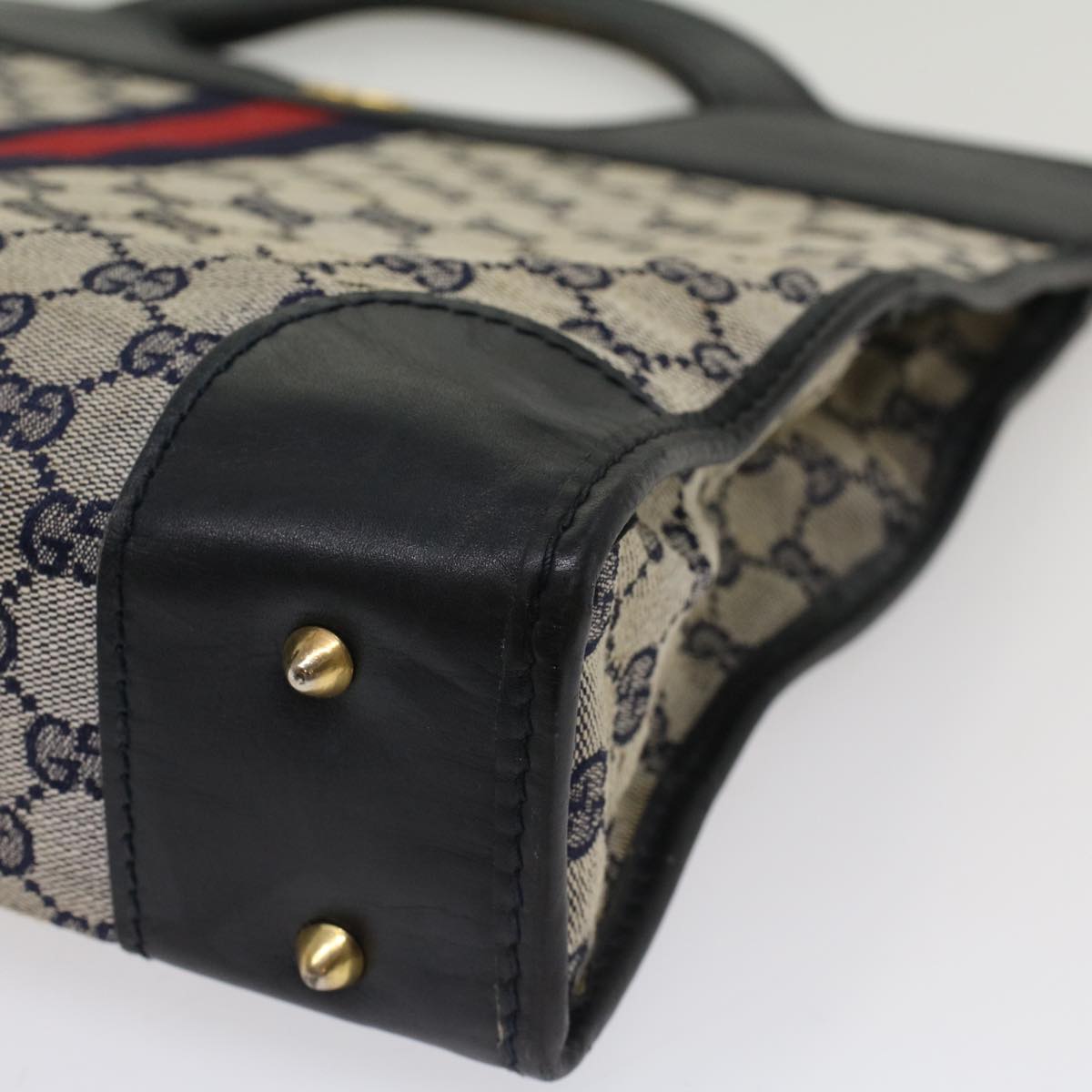 GUCCI GG Canvas Sherry Line Hand Bag PVC Leather Gray Red Navy 53386