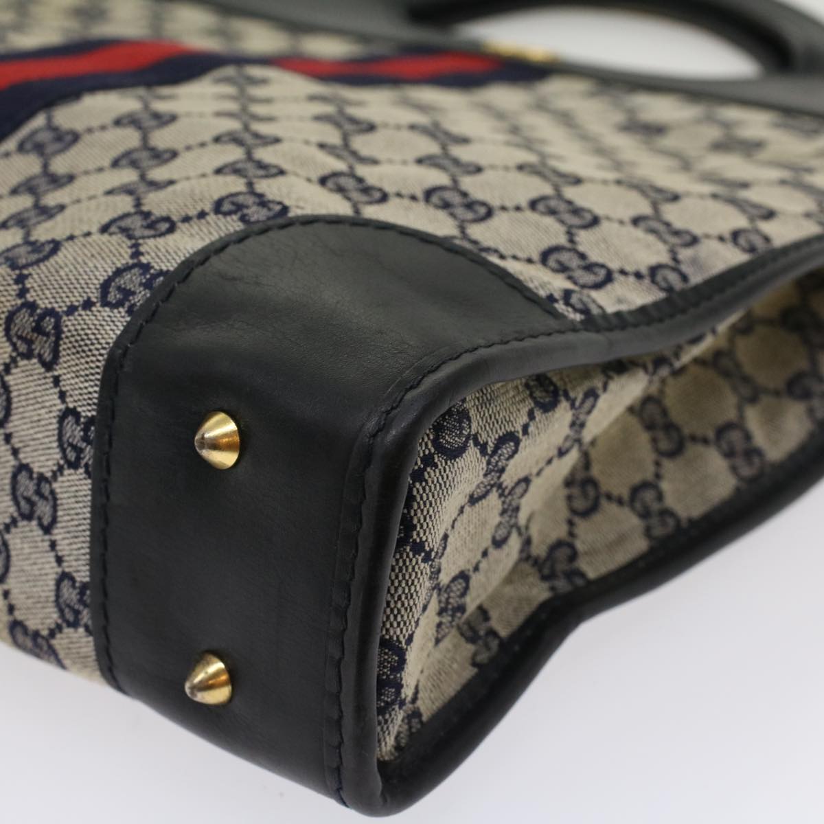 GUCCI GG Canvas Sherry Line Hand Bag PVC Leather Gray Red Navy 53386