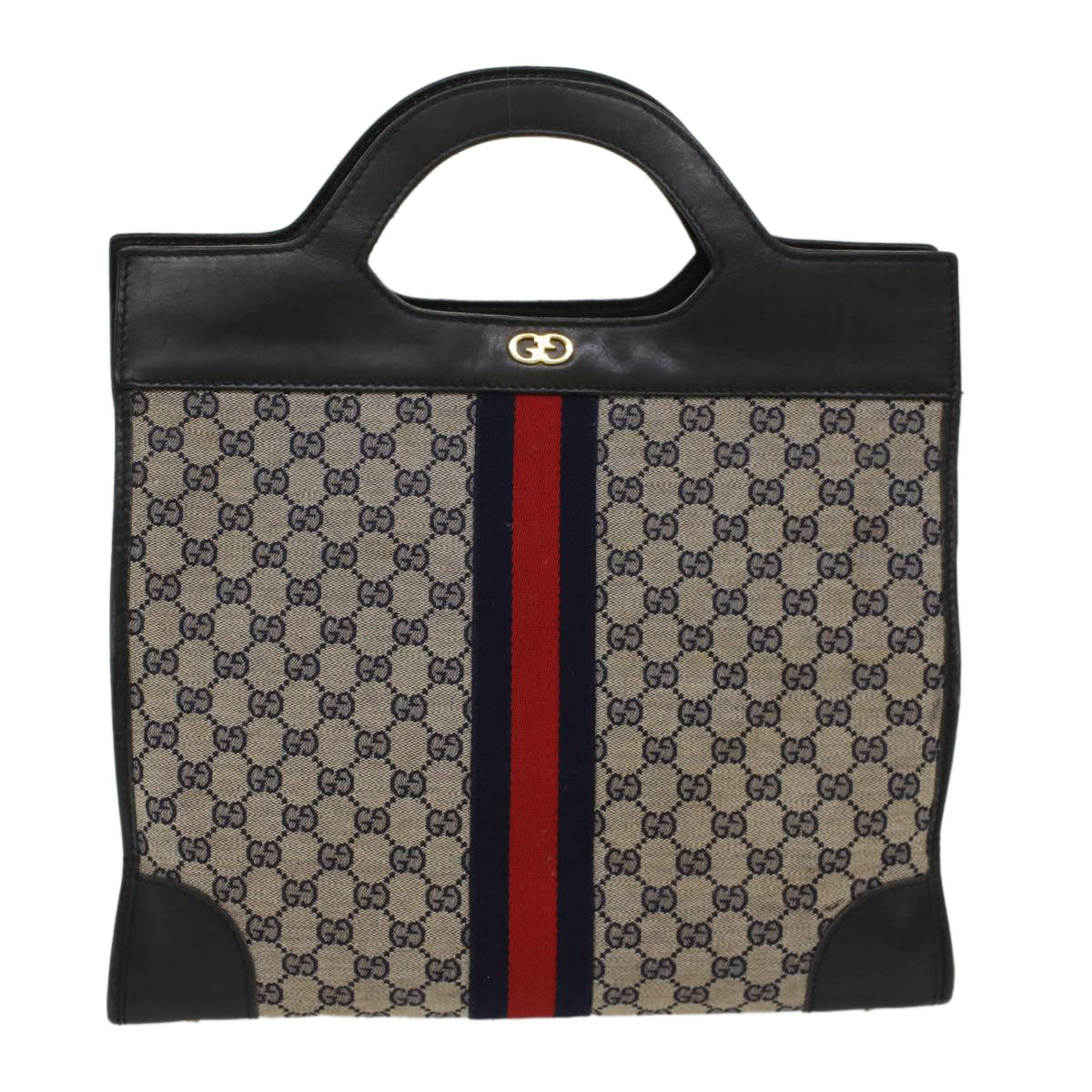GUCCI GG Canvas Sherry Line Hand Bag PVC Leather Gray Red Navy 53386