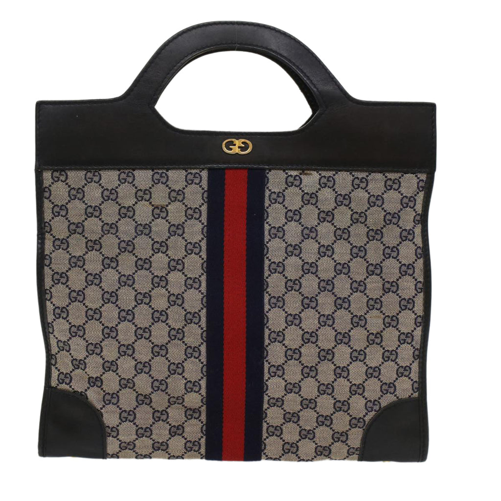 GUCCI GG Canvas Sherry Line Hand Bag PVC Leather Gray Red Navy 53386