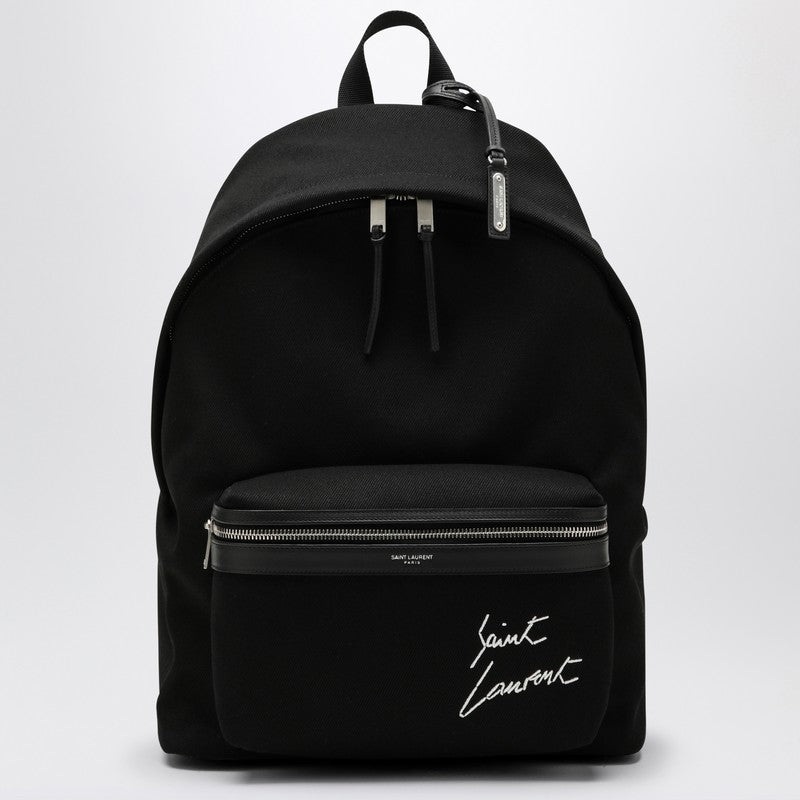 Saint Laurent Black City Backpack With Embroidery And Leather Trim Men