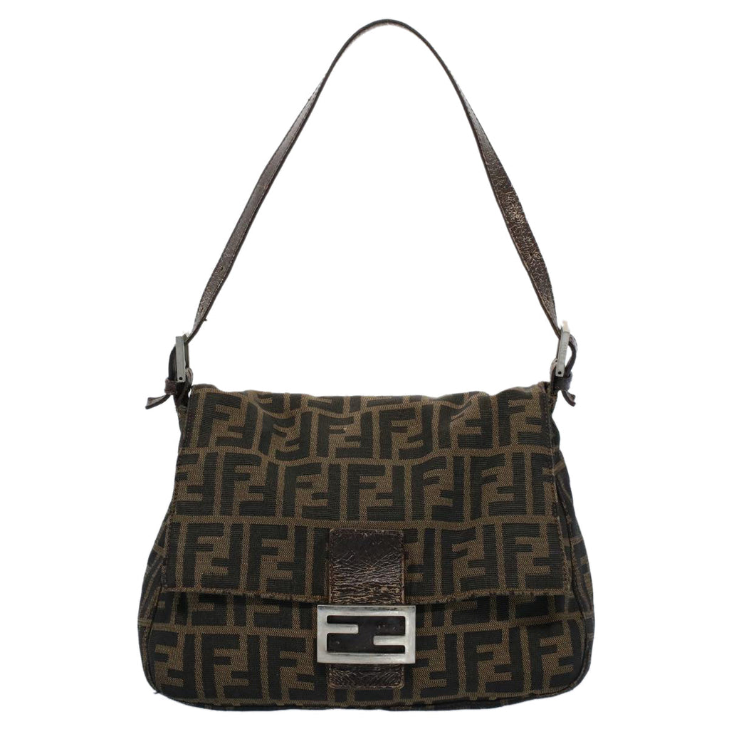 FENDI Zucca Canvas Mamma Baguette Shoulder Bag Black Brown 53745