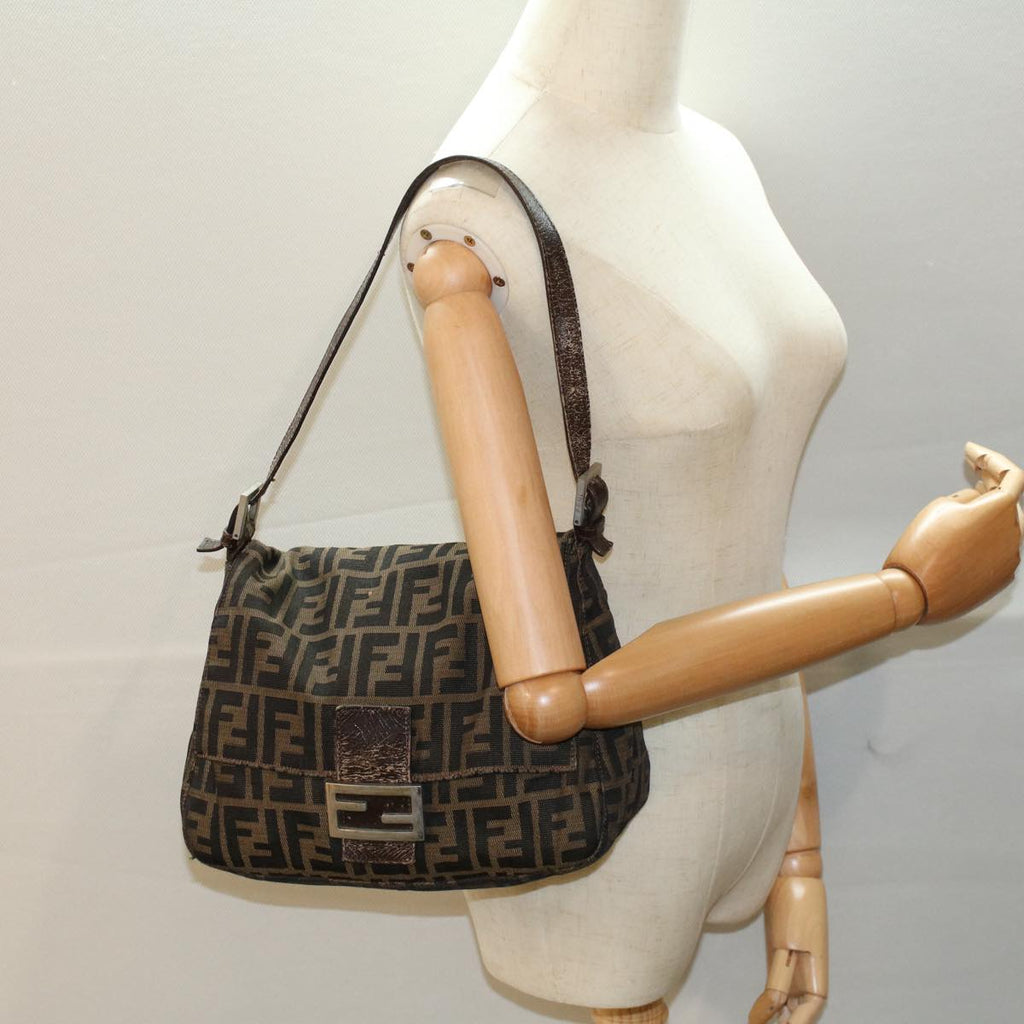 FENDI Zucca Canvas Mamma Baguette Shoulder Bag Black Brown 53745