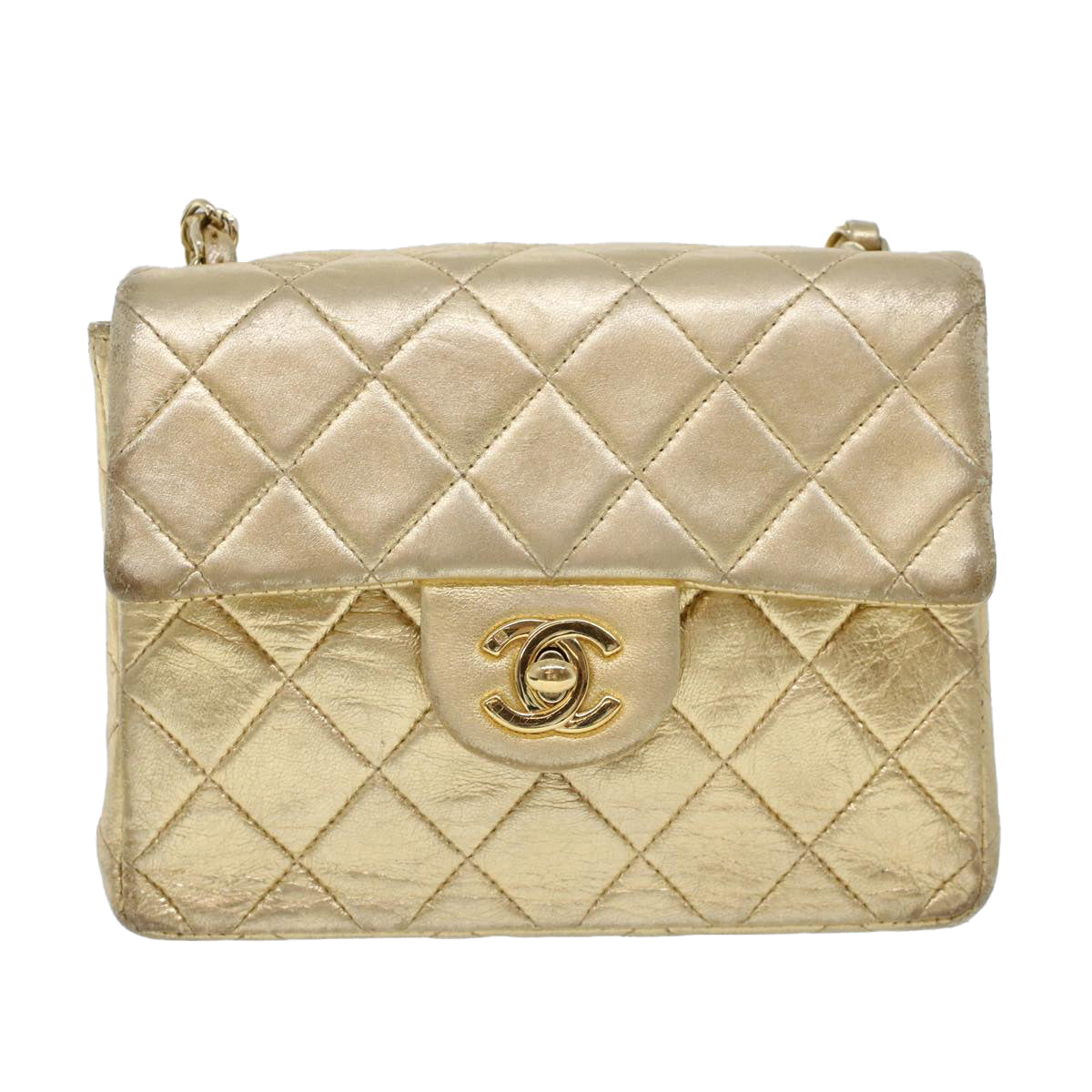 CHANEL Matelasse Turn Lock Chain Shoulder Bag Lamb Skin Gold CC 53752A