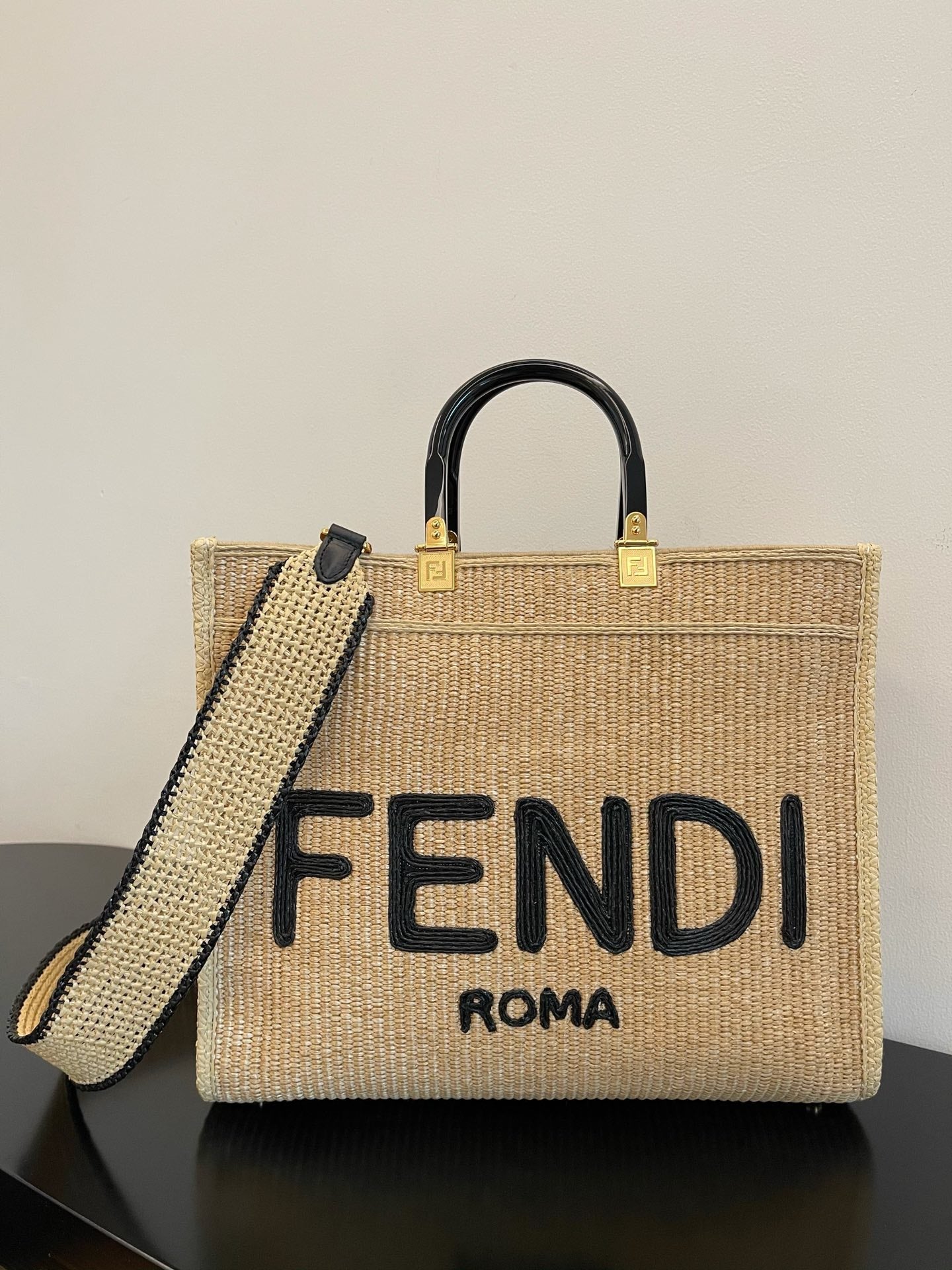 FI Sunshine MeGLAMIum Beige and Black straw shopper Bag For Woman 31cm/12in 8BH386AKRPF1CBX